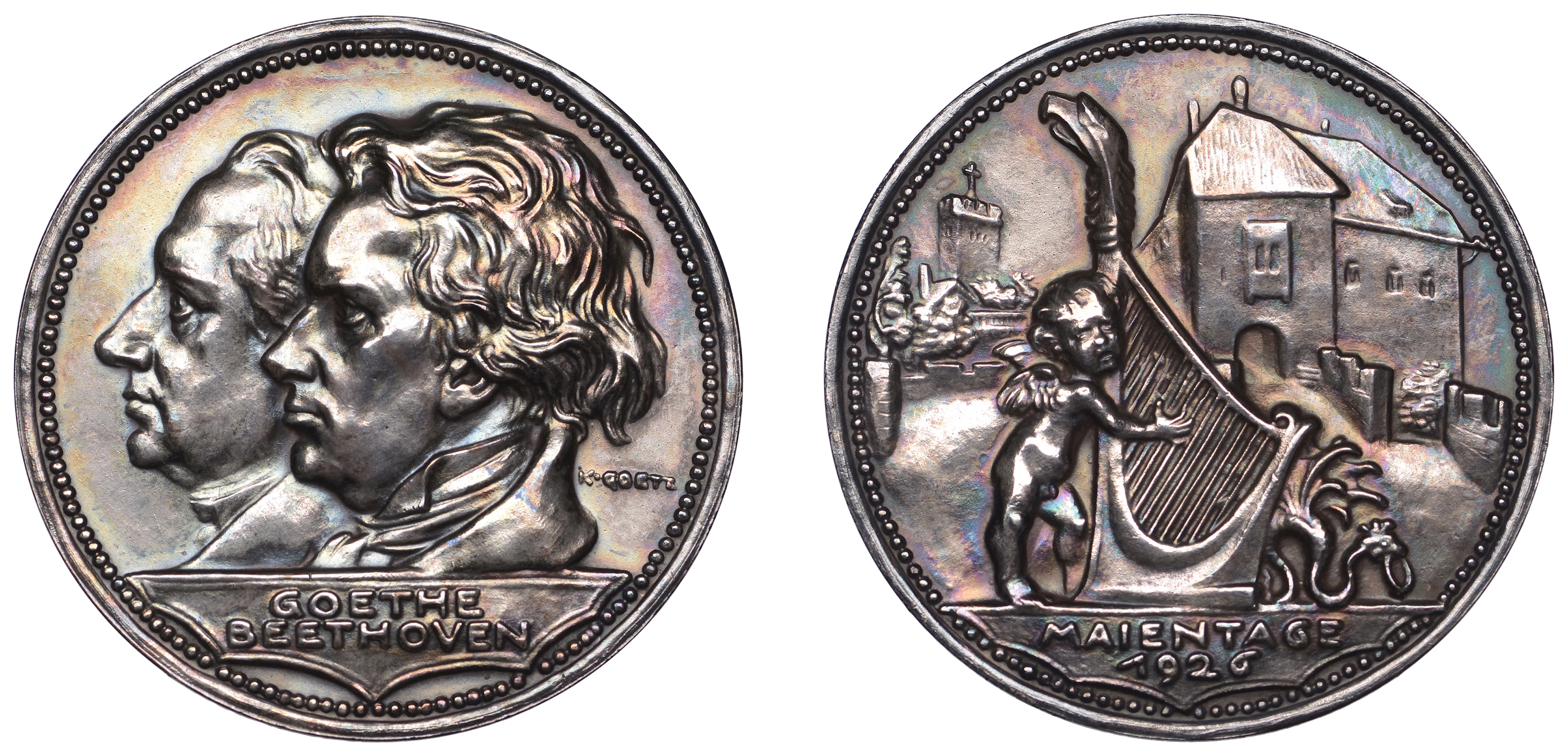 Germany, Goethe and Beethoven, 1926, a bronze medal by K. Goetz, conjoined