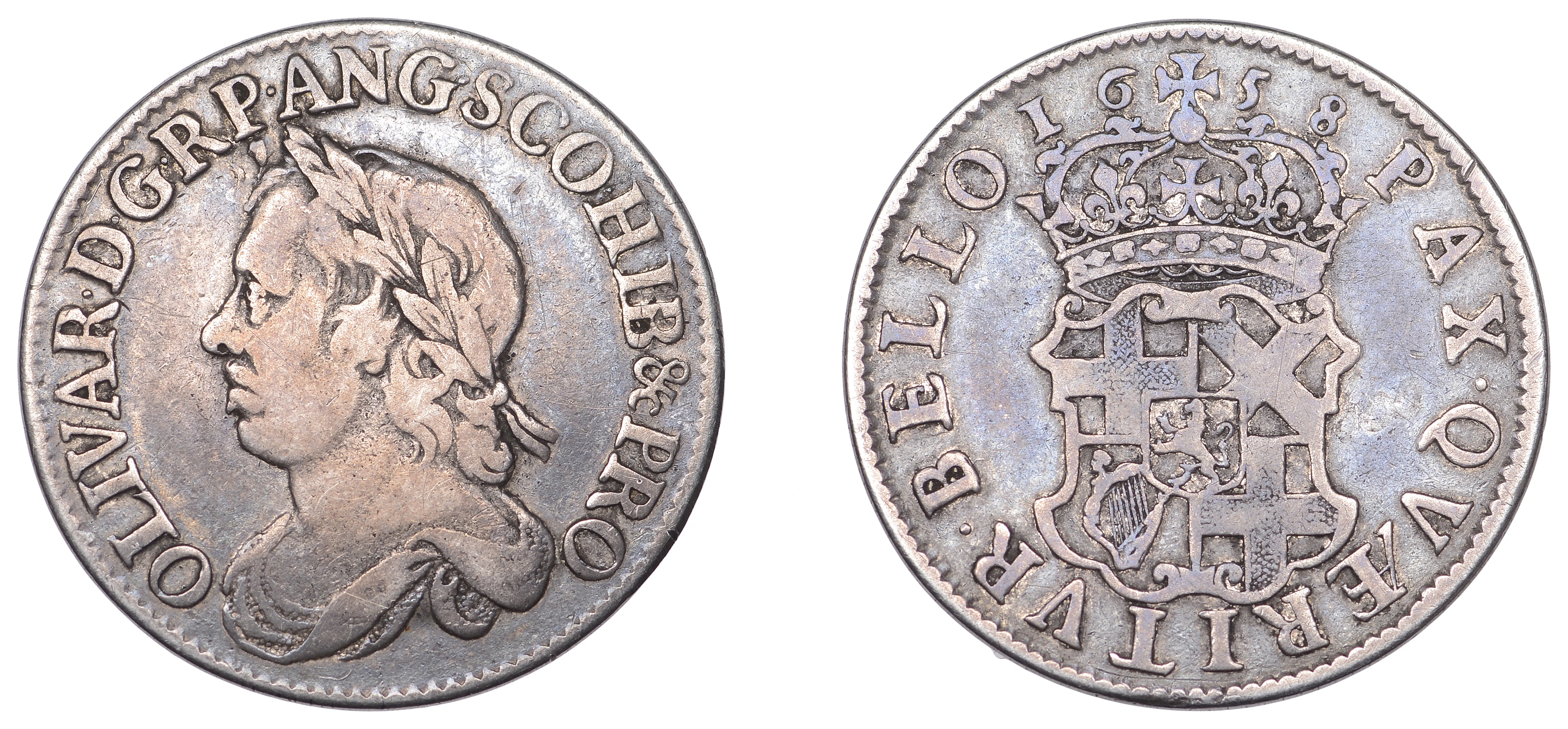Oliver Cromwell, Shilling, 1658 (Lessen J28; ESC 254; S 3228). Near