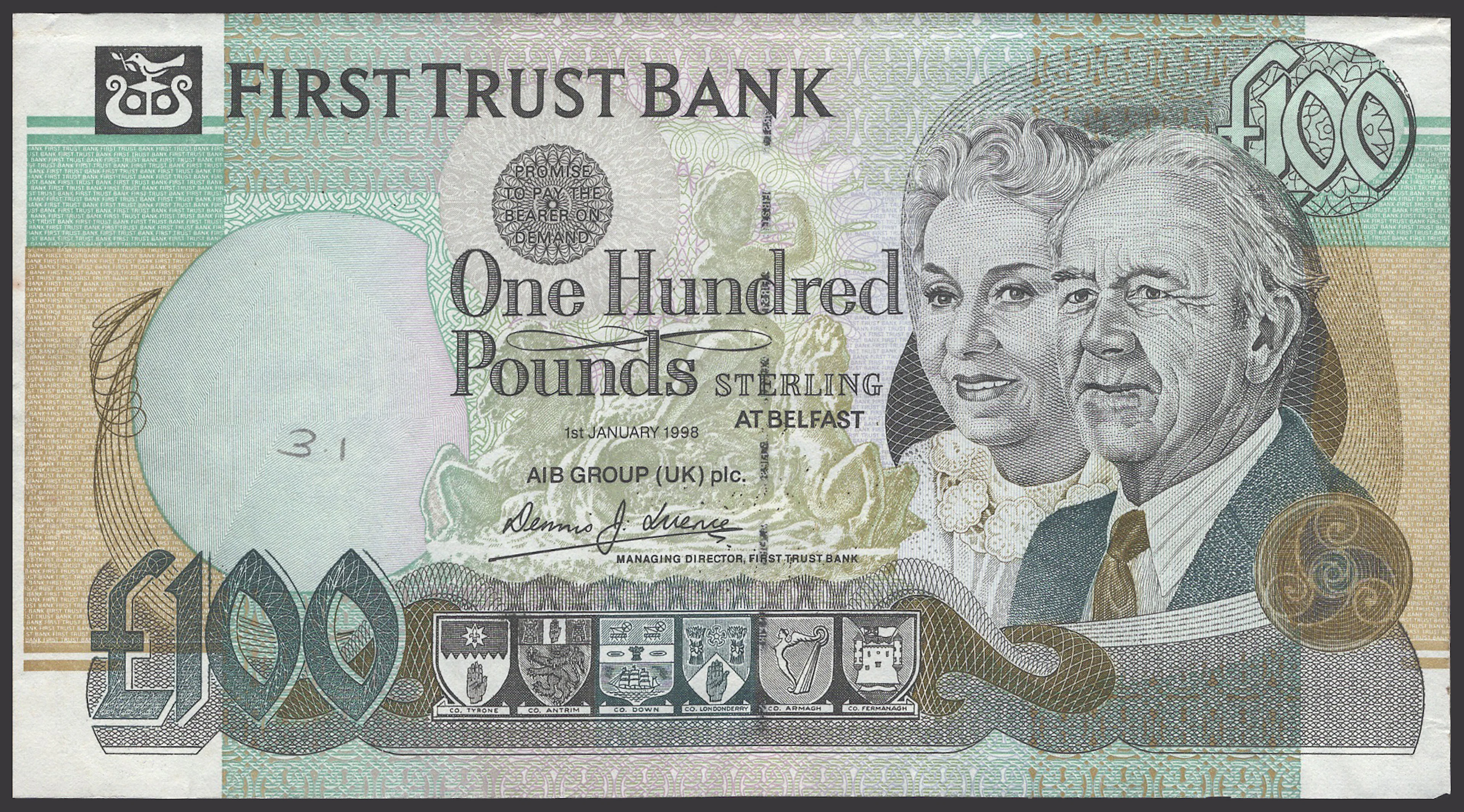First Trust Bank, specimen proof £100, 1 January 1998, no serial number