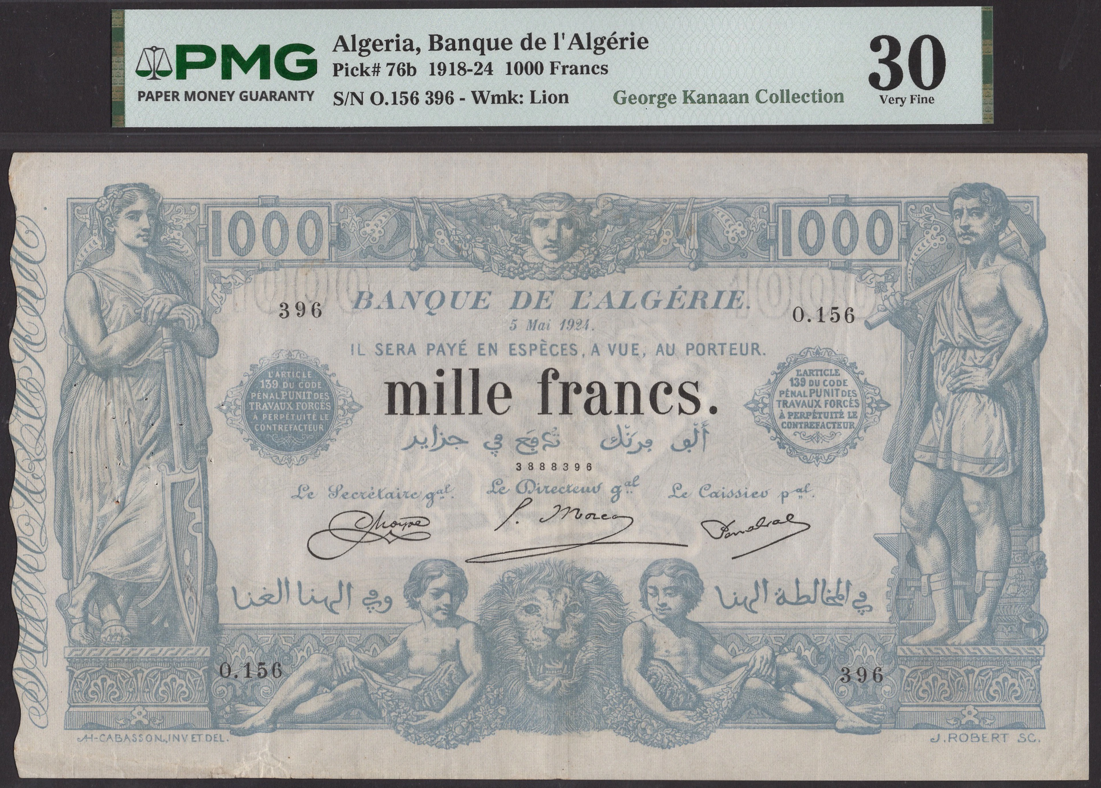 Banque de l’Algerie, 1000 Francs, 5 May 1924, serial number O.156