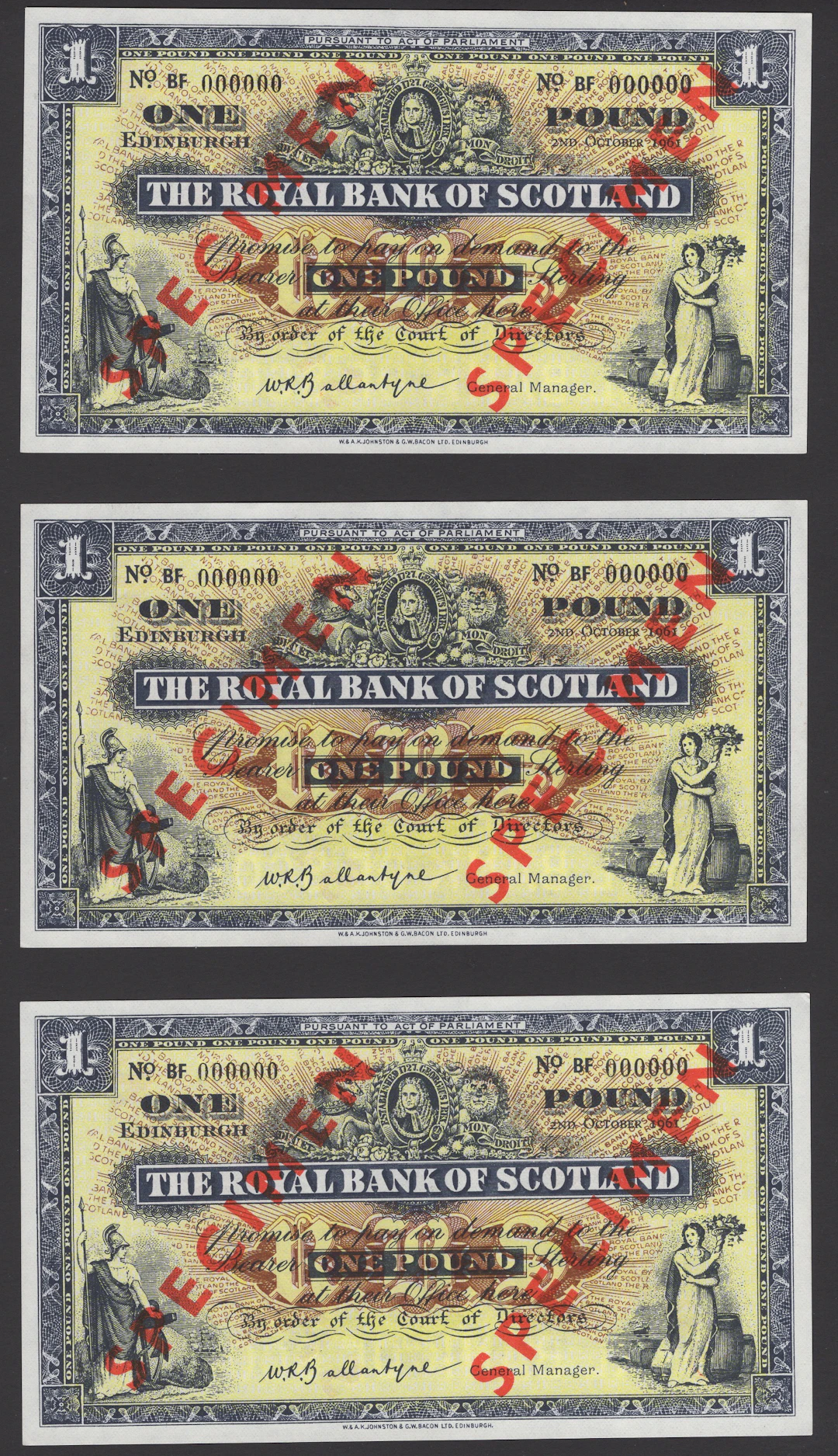 Royal Bank of Scotland, specimen £1 (12), 2 October 1961, serial number