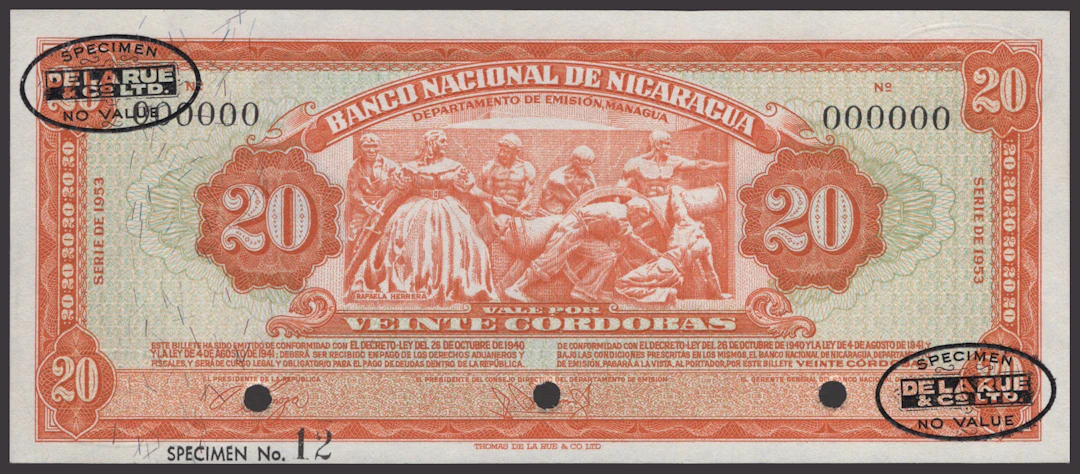 Banco Nacional de Nicaragua, specimen 20 Cordobas, 1953, serial number