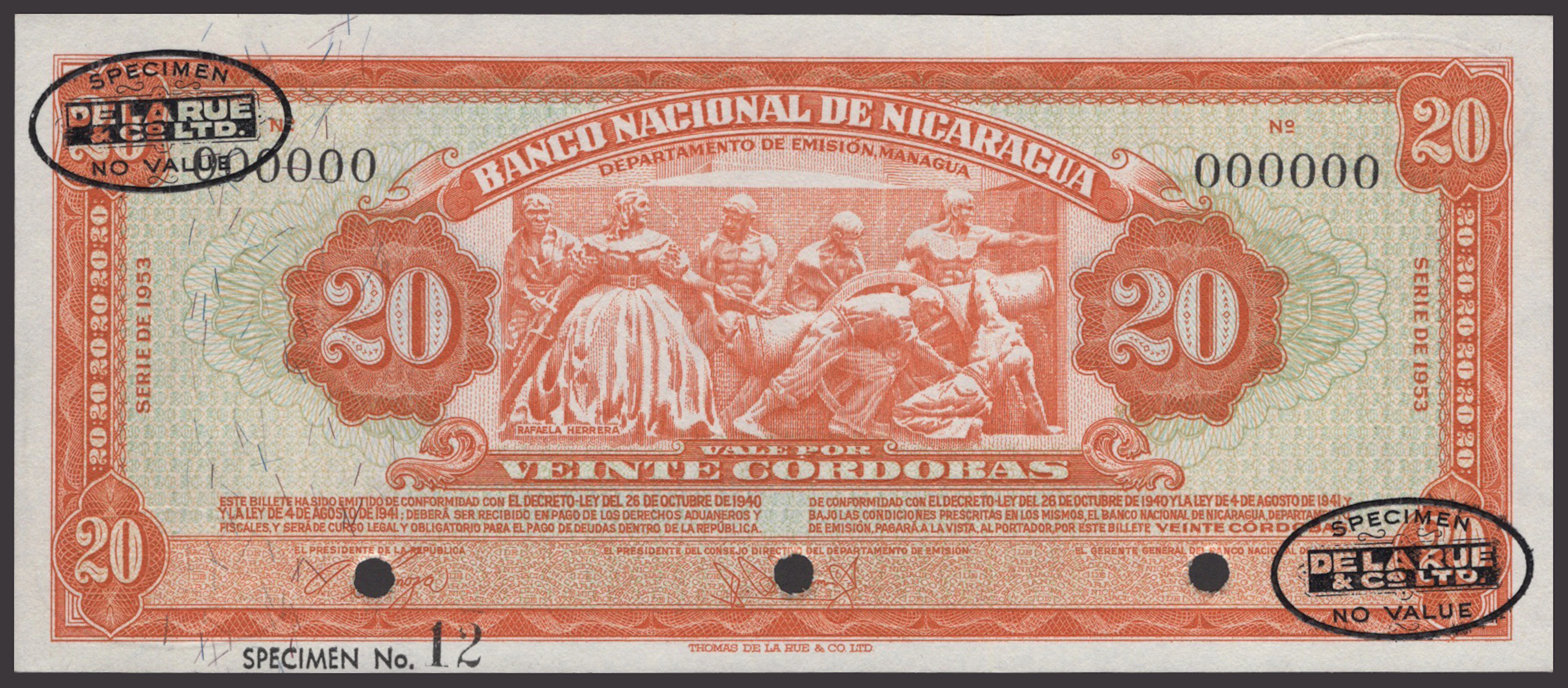 Banco Nacional de Nicaragua, specimen 20 Cordobas, 1953, serial number