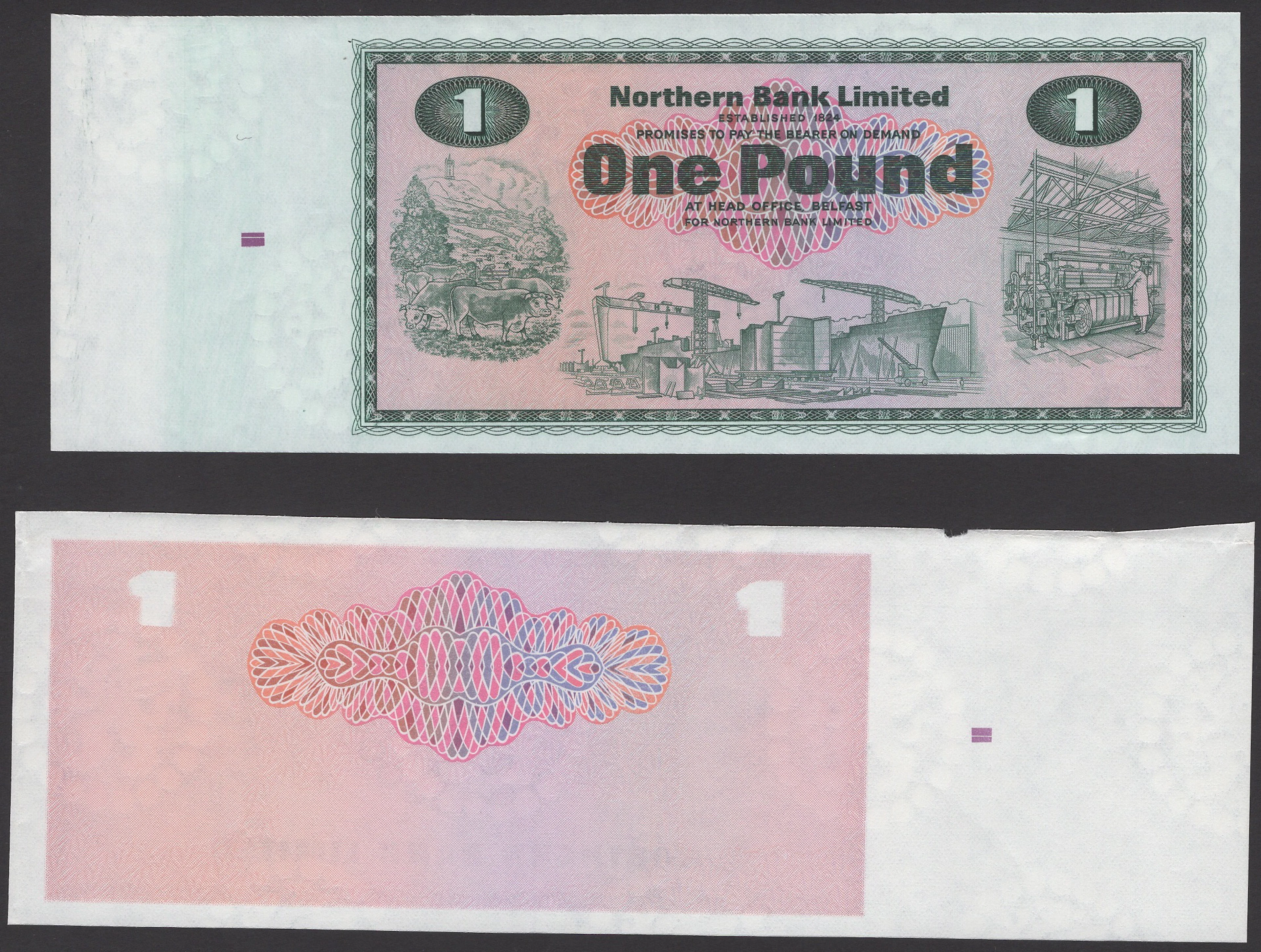 Northern Bank Limited, a pair of progressive proofs for £1, 1970 issue
