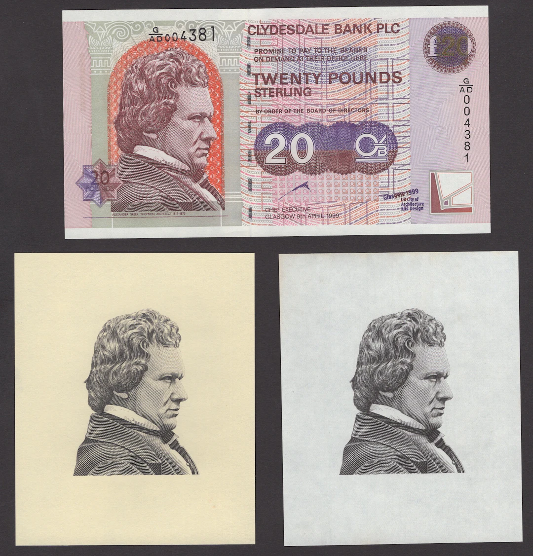 Clydesdale Bank PLC, £20, 9 April 1999, serial number G/AD 004381