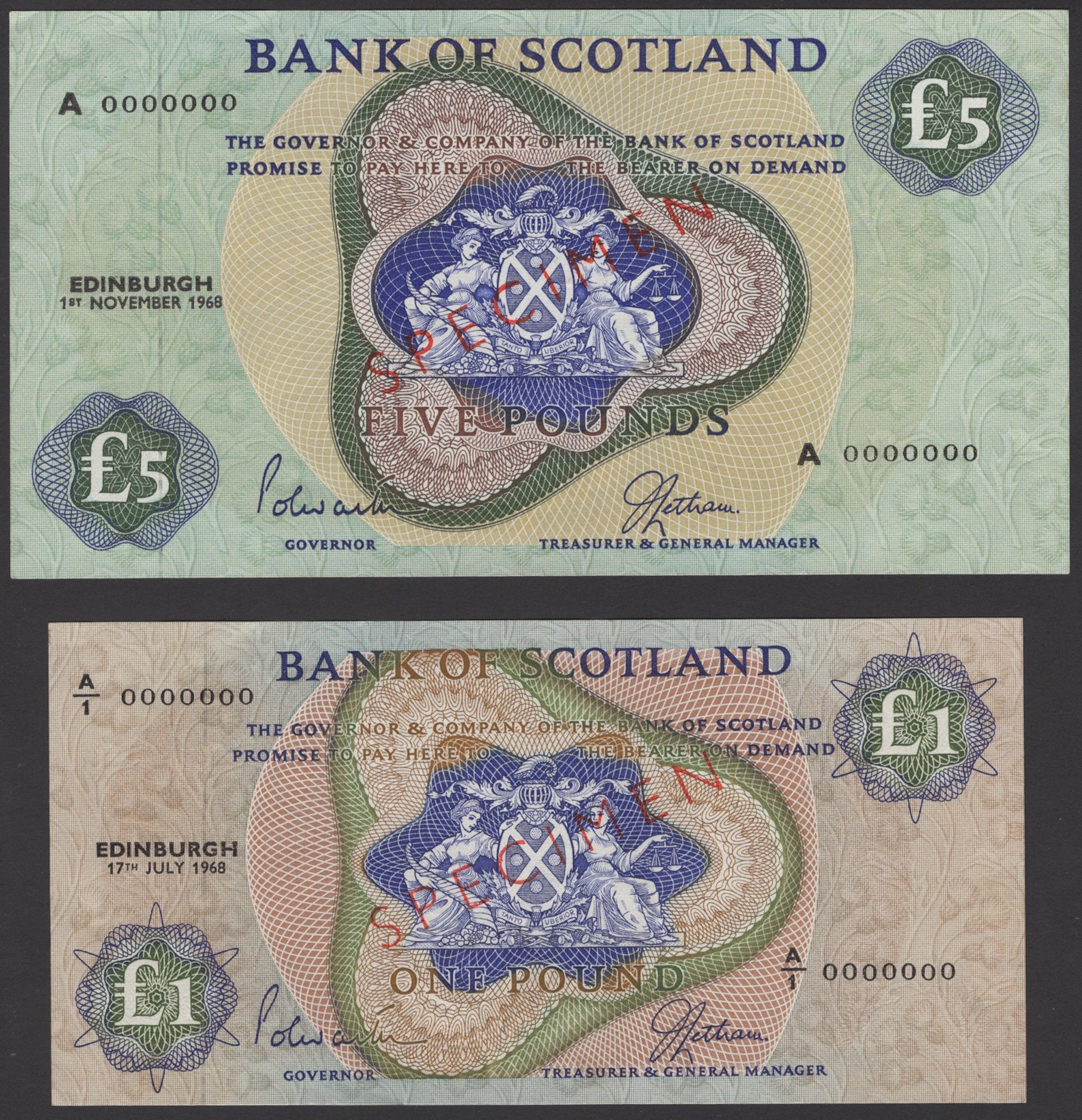 Bank of Scotland, specimen £1, 17 July 1968, serial number A/1 0000000
