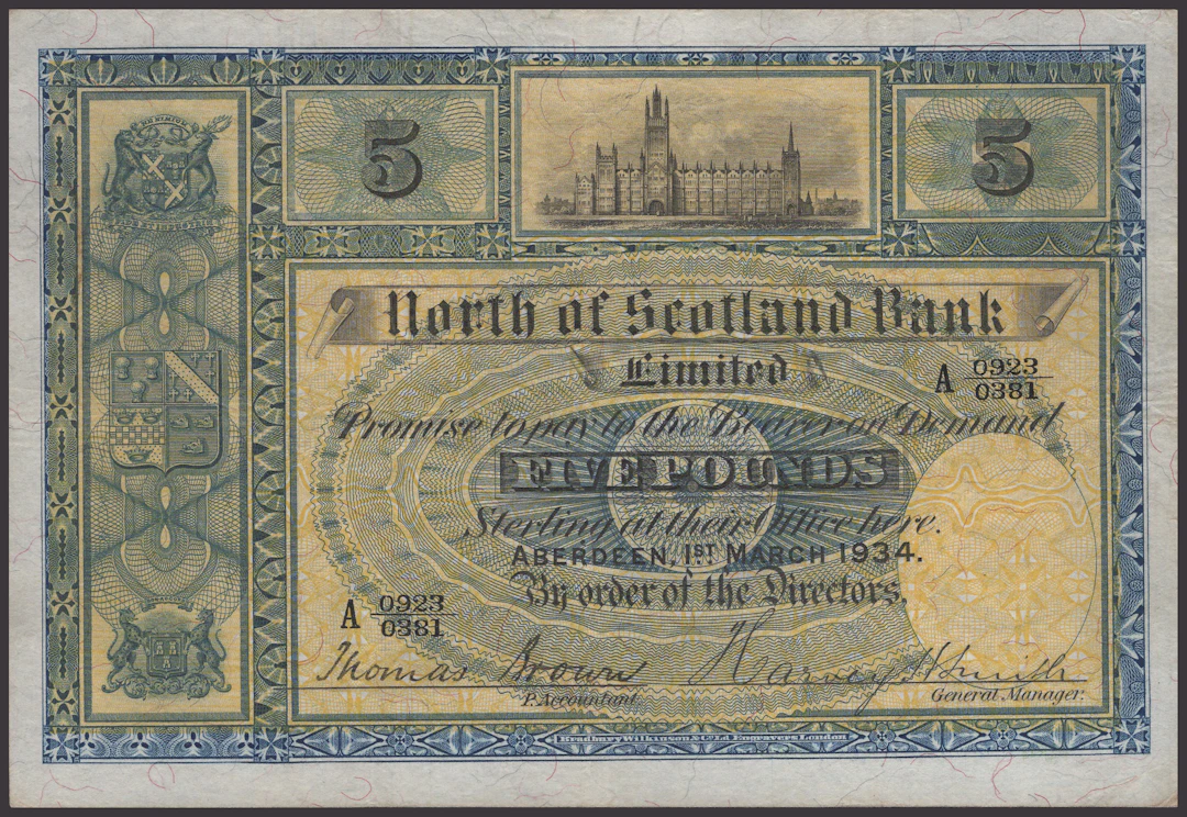 North of Scotland Bank Limited, £5, 1 March 1934, serial number A