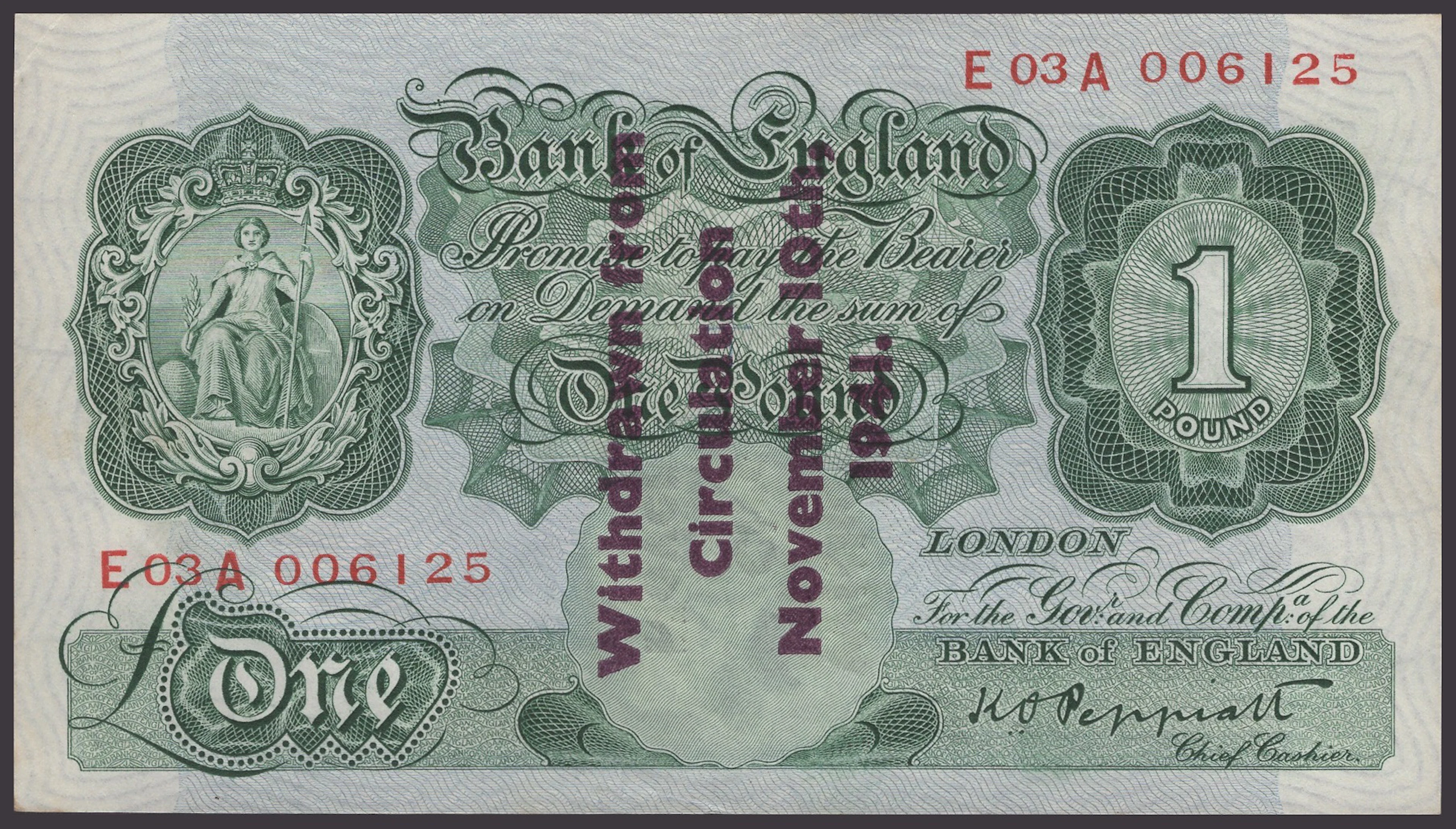 Bank of England, Kenneth O. Peppiatt, Guernsey Overprint, £1, 1941