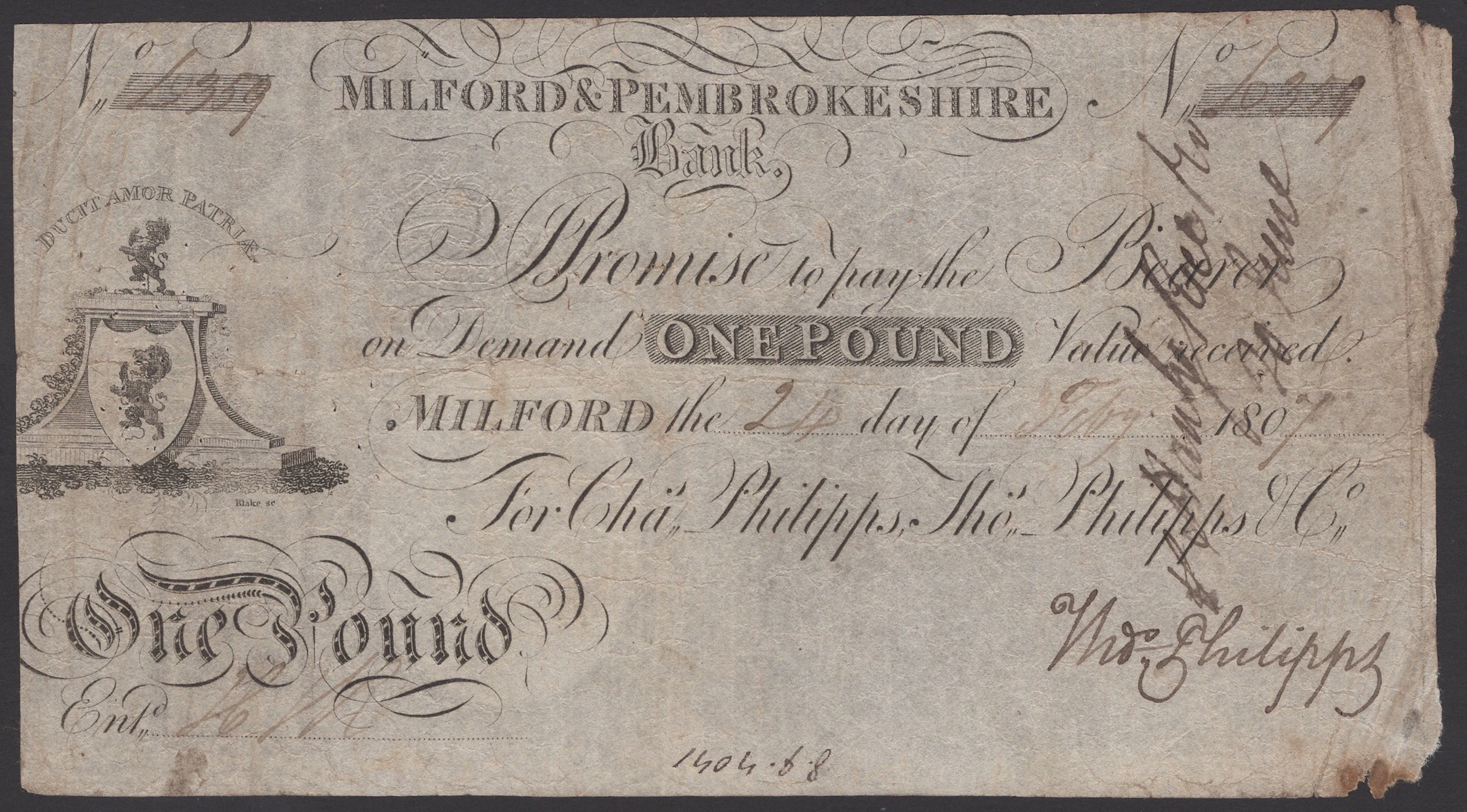 Milford & Pembrokeshire Bank, for Chas. Phillipps, Thos. Phillipps
