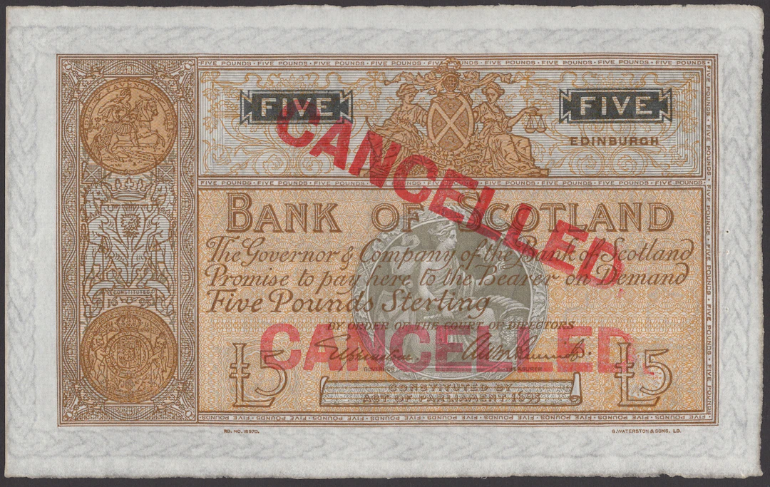 Bank of Scotland, specimen £5, ND (c.1935), no date or serial numbers