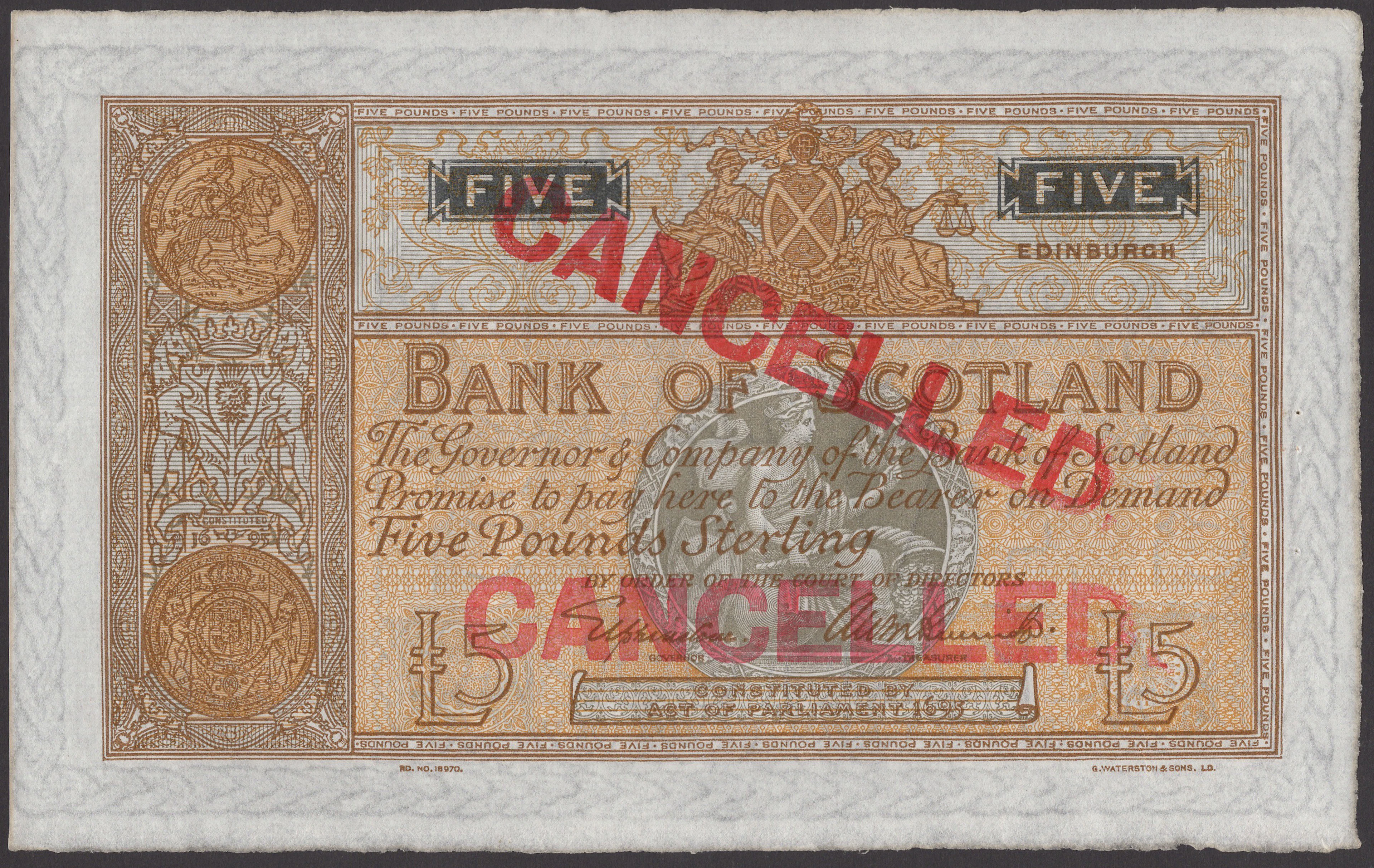 Bank of Scotland, specimen £5, ND (c.1935), no date or serial numbers