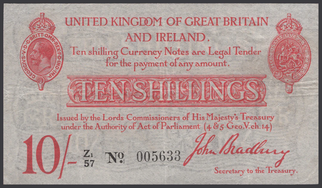 Treasury Series, John Bradbury, 10 Shillings, 21 January 1915, serial