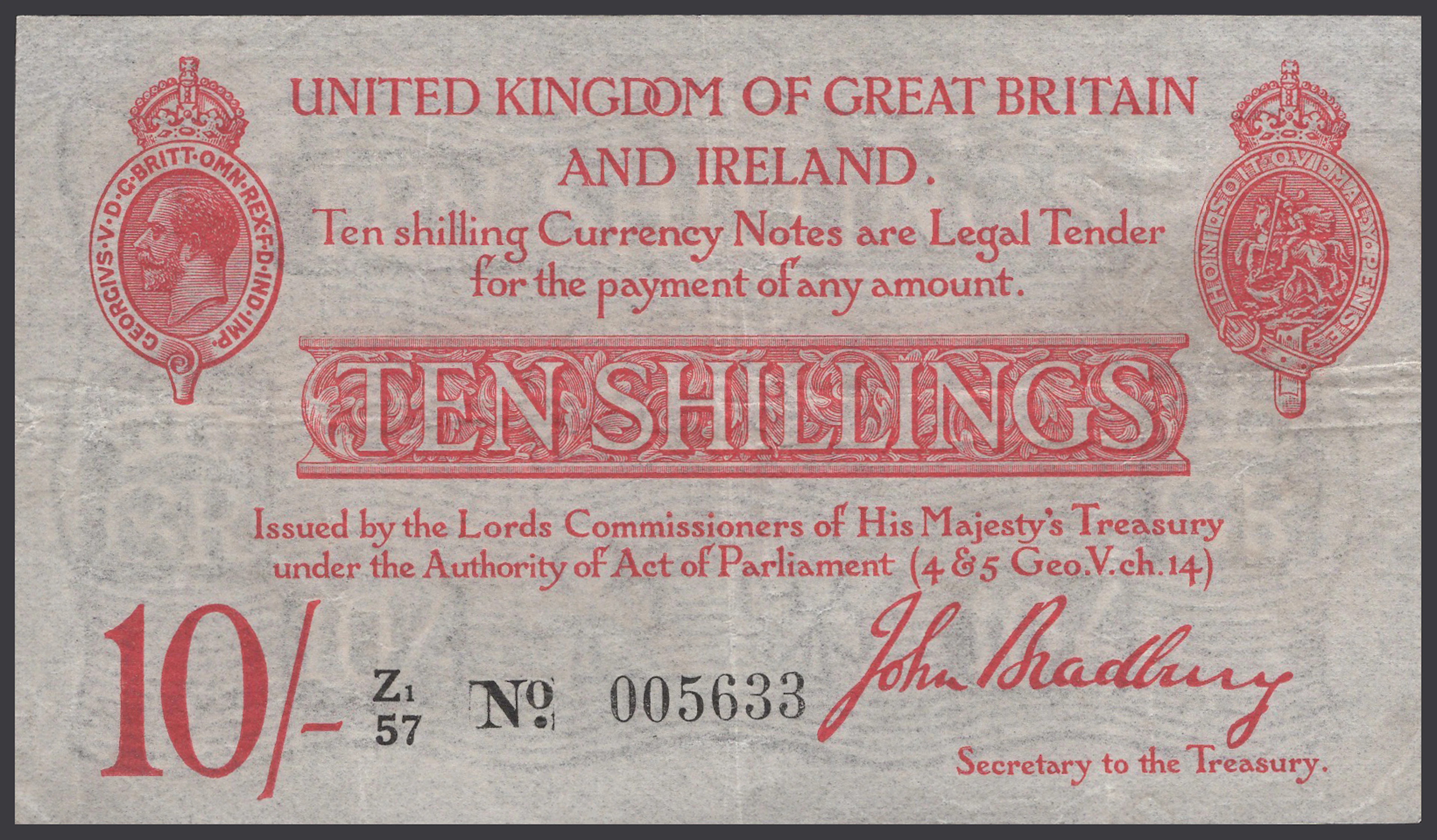 Treasury Series, John Bradbury, 10 Shillings, 21 January 1915, serial