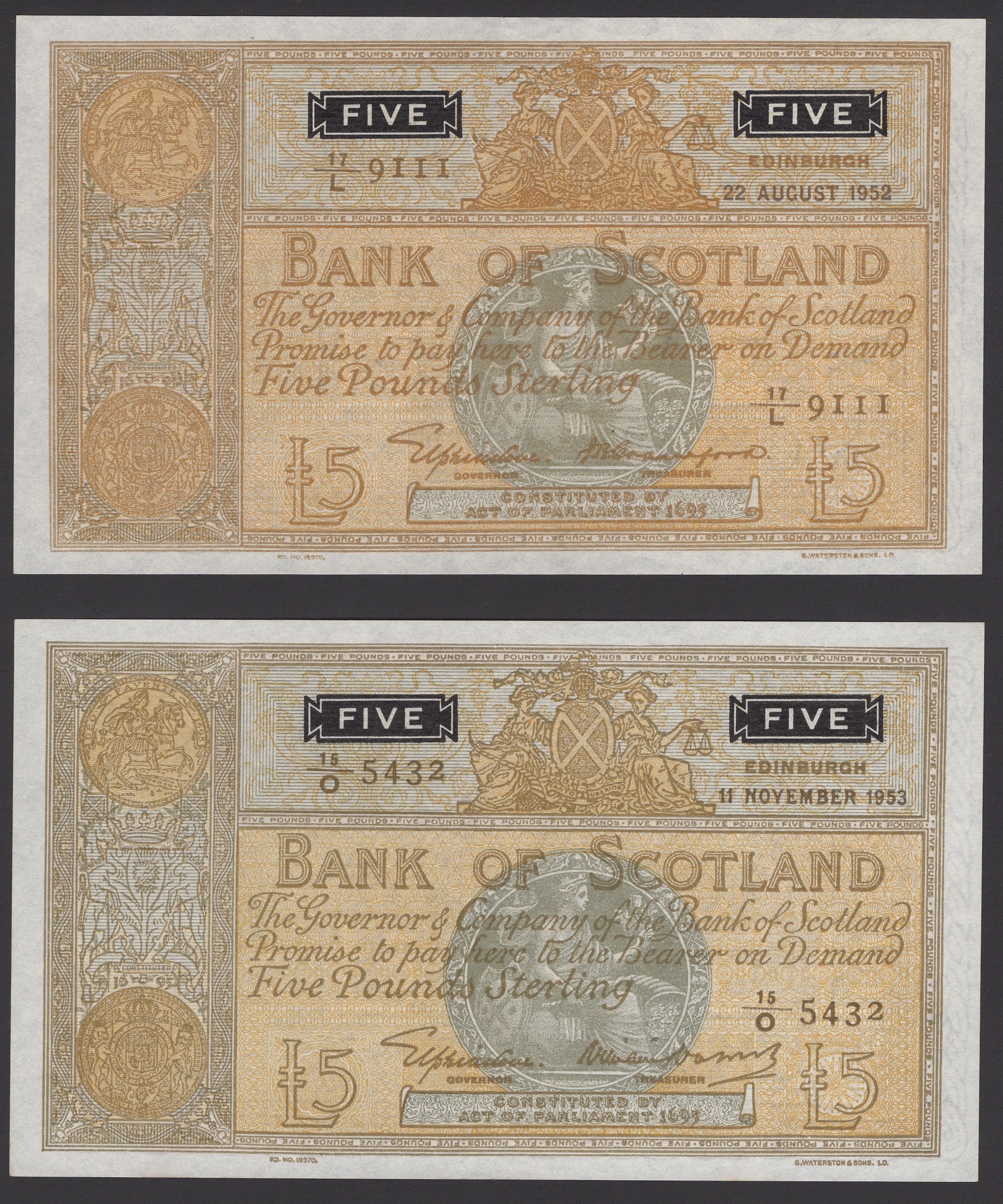 Bank of Scotland, £5 (3), 22 August 1952, 11 November 1953, and 17