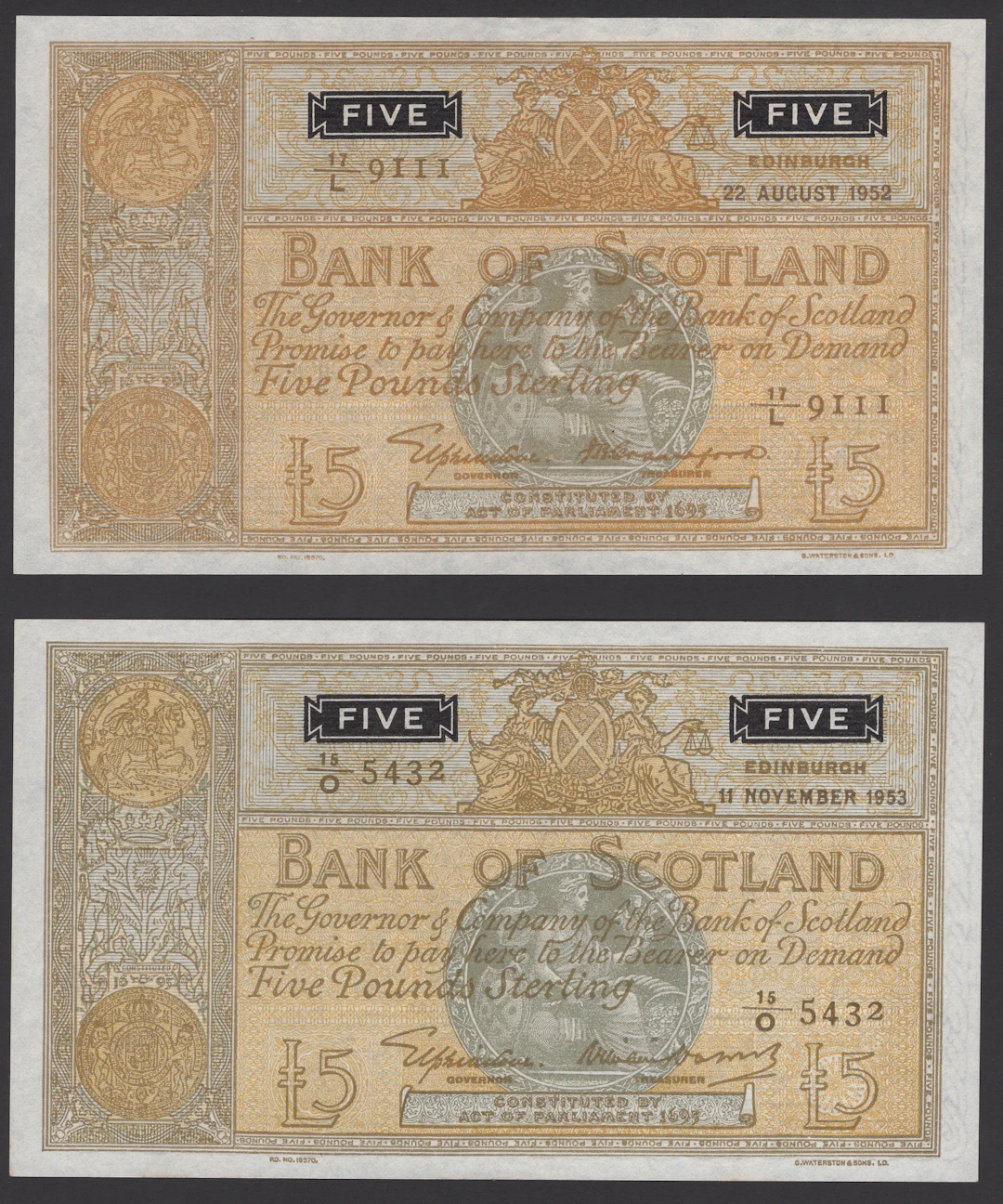 Bank of Scotland, £5 (3), 22 August 1952, 11 November 1953, and 17