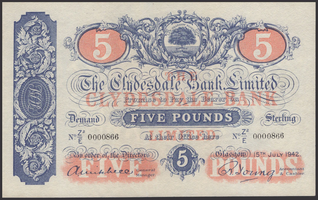 Clydesdale Bank Limited, £5, 15 July 1942, serial number Z2/E 0000866