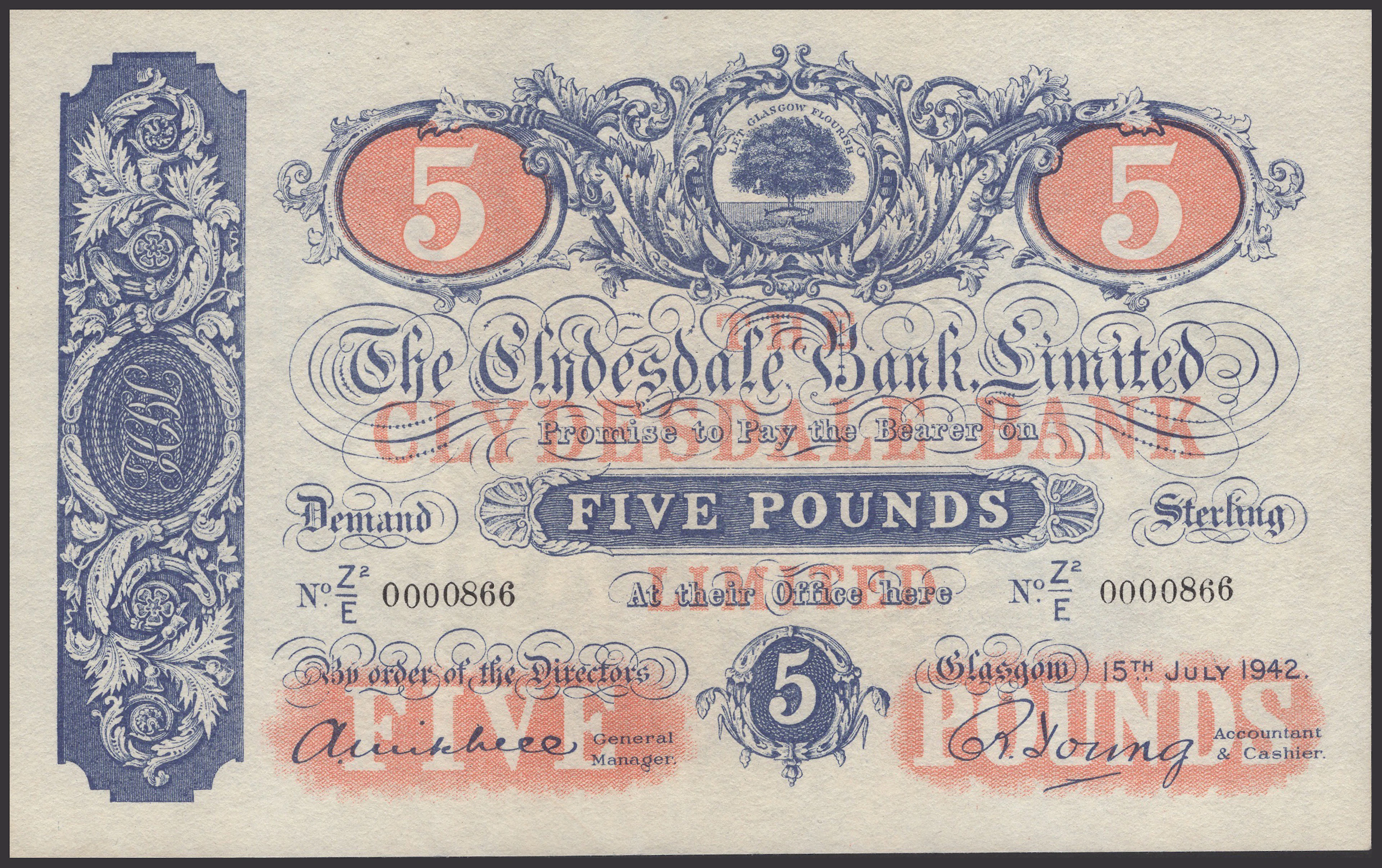Clydesdale Bank Limited, £5, 15 July 1942, serial number Z2/E 0000866