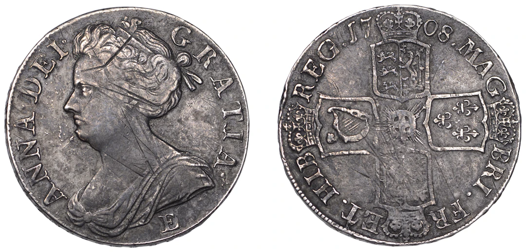 Anne (1702-1714), Crown, 1708e, edge septimo (ESC 1356; S 3600). Signs