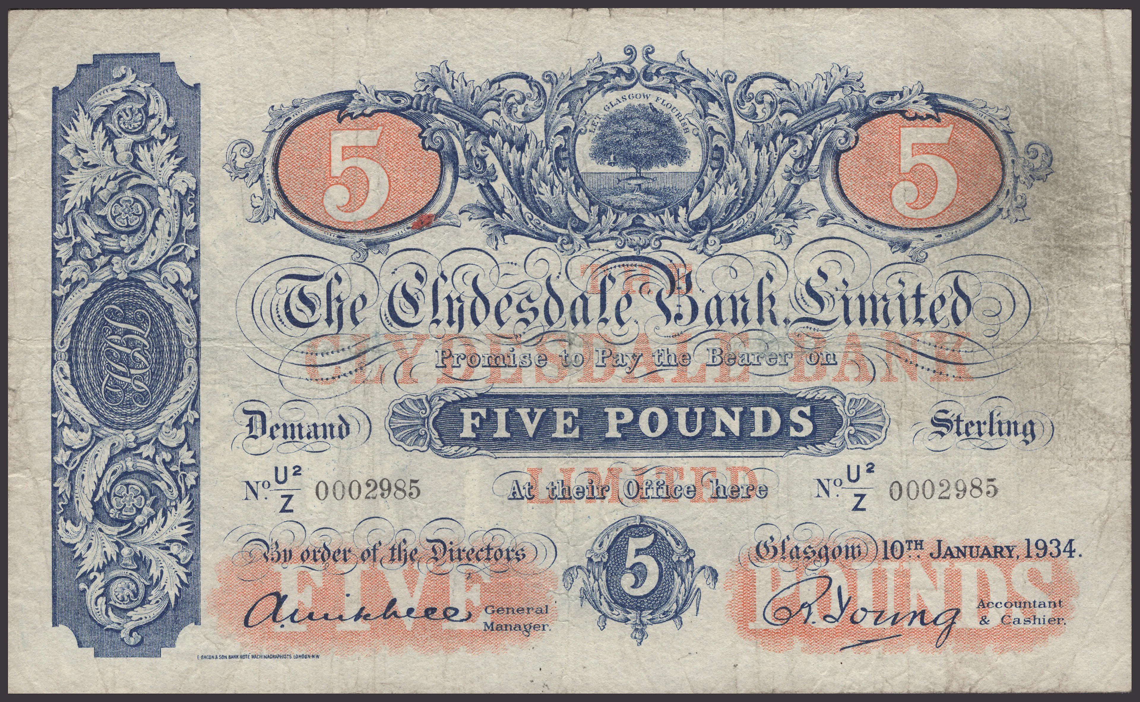 Clydesdale Bank Limited, £5, 10 January 1934, serial number U2/Z 0002985
