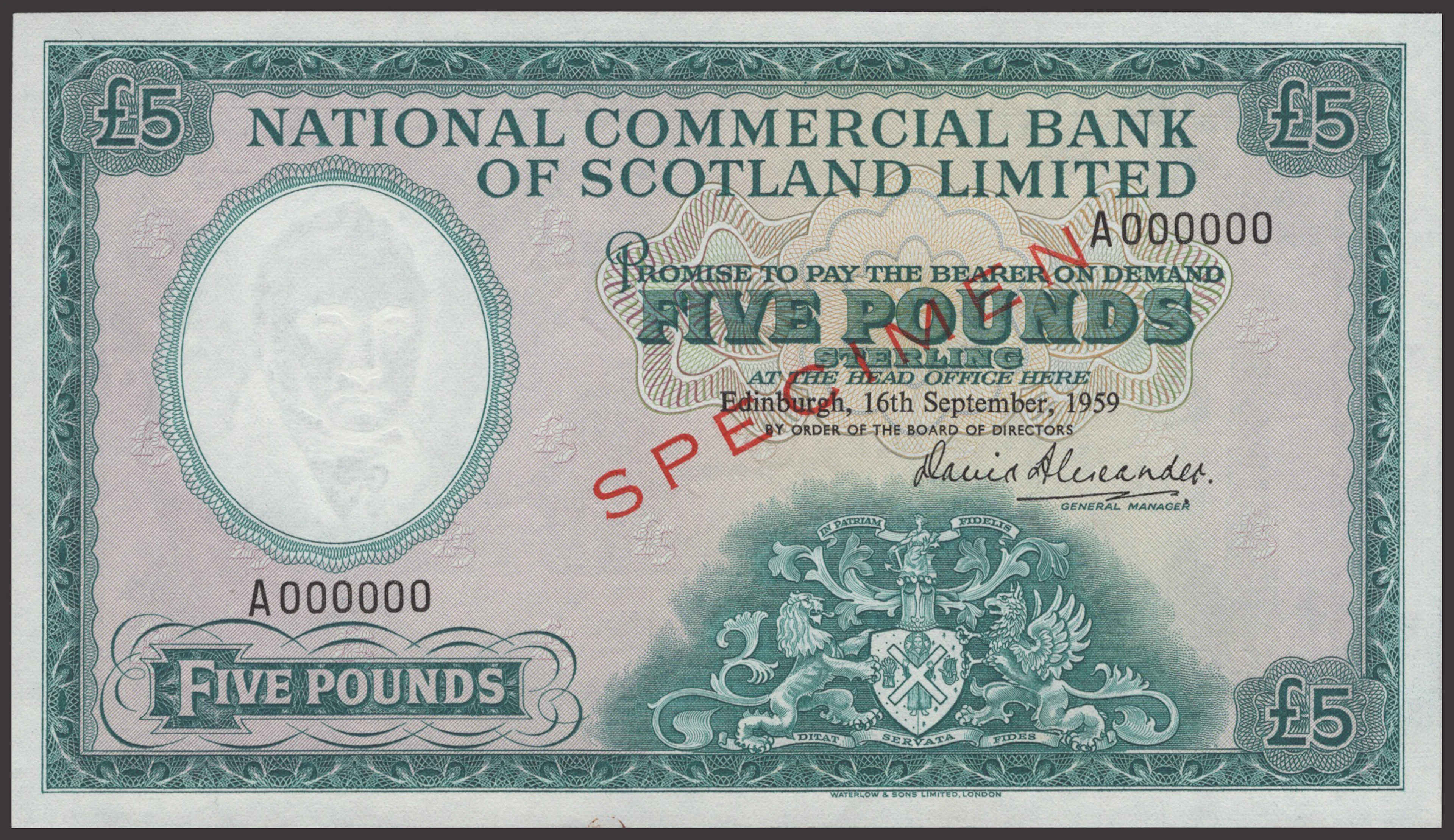 National Commercial Bank of Scotland, specimen £5, 16 September 1959