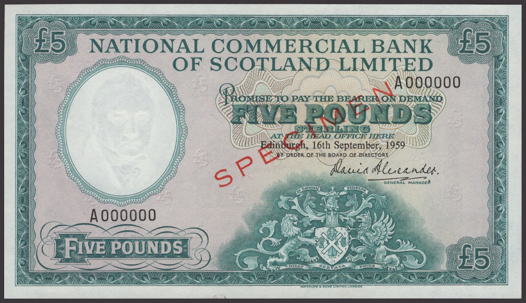 National Commercial Bank of Scotland, specimen £5, 16 September 1959