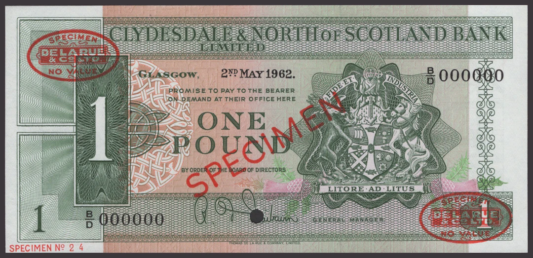 Clydesdale & North of Scotland Bank Limited, specimen £1, 2 May 1962