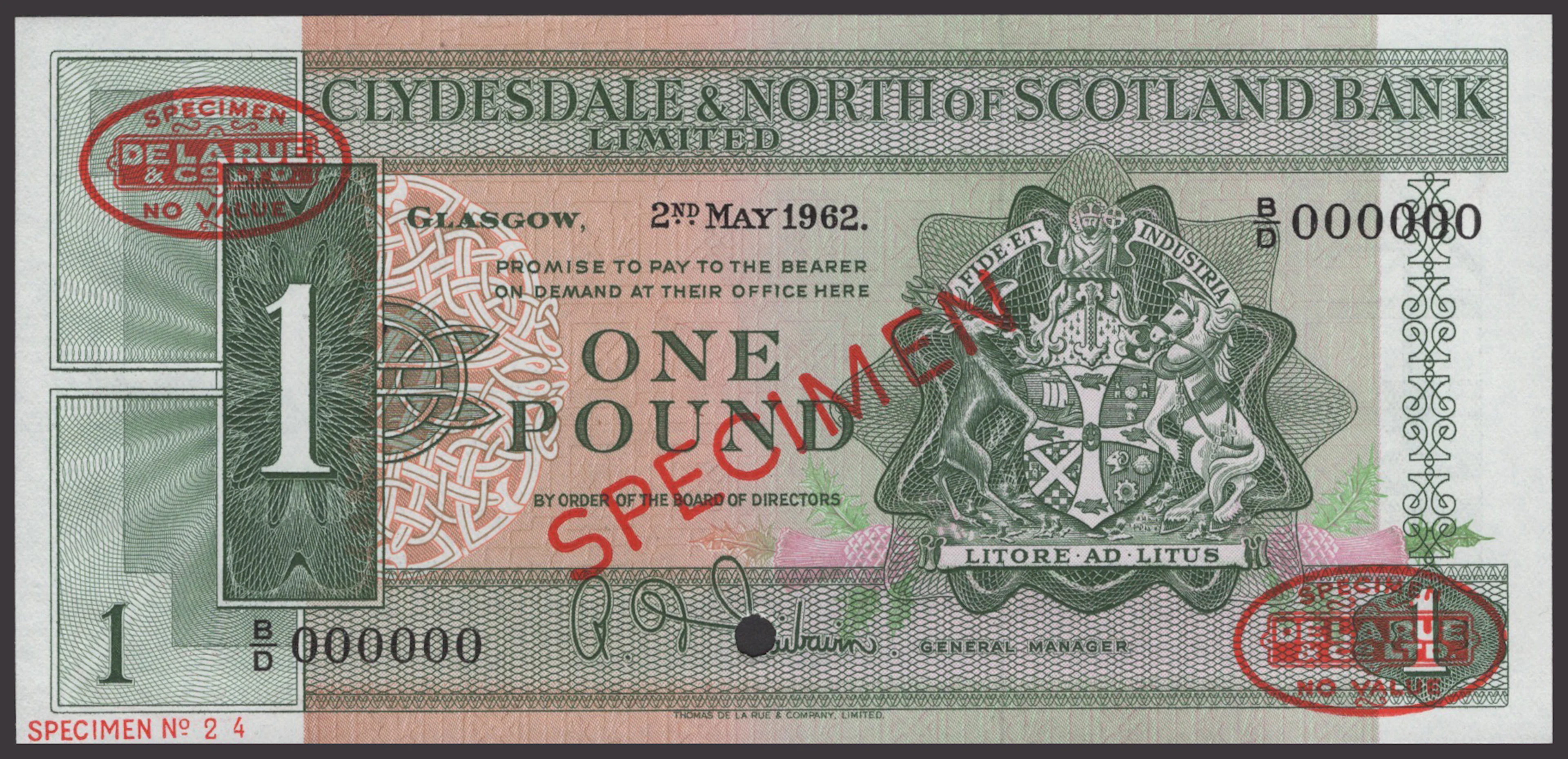 Clydesdale & North of Scotland Bank Limited, specimen £1, 2 May 1962