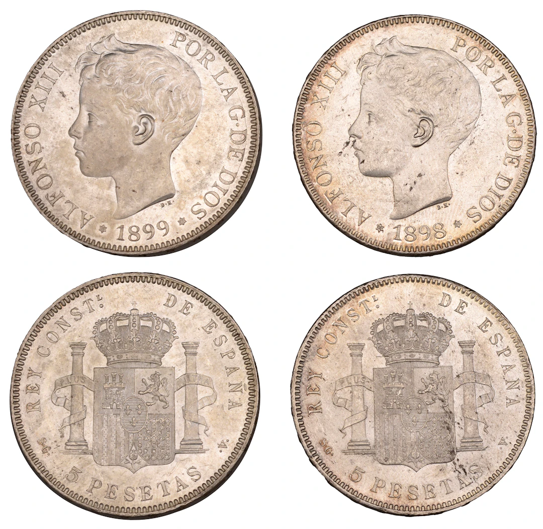Spain, Alfonso XIII, 5 Pesetas (2), 1898, 1899, Madrid (KM 707) [2].