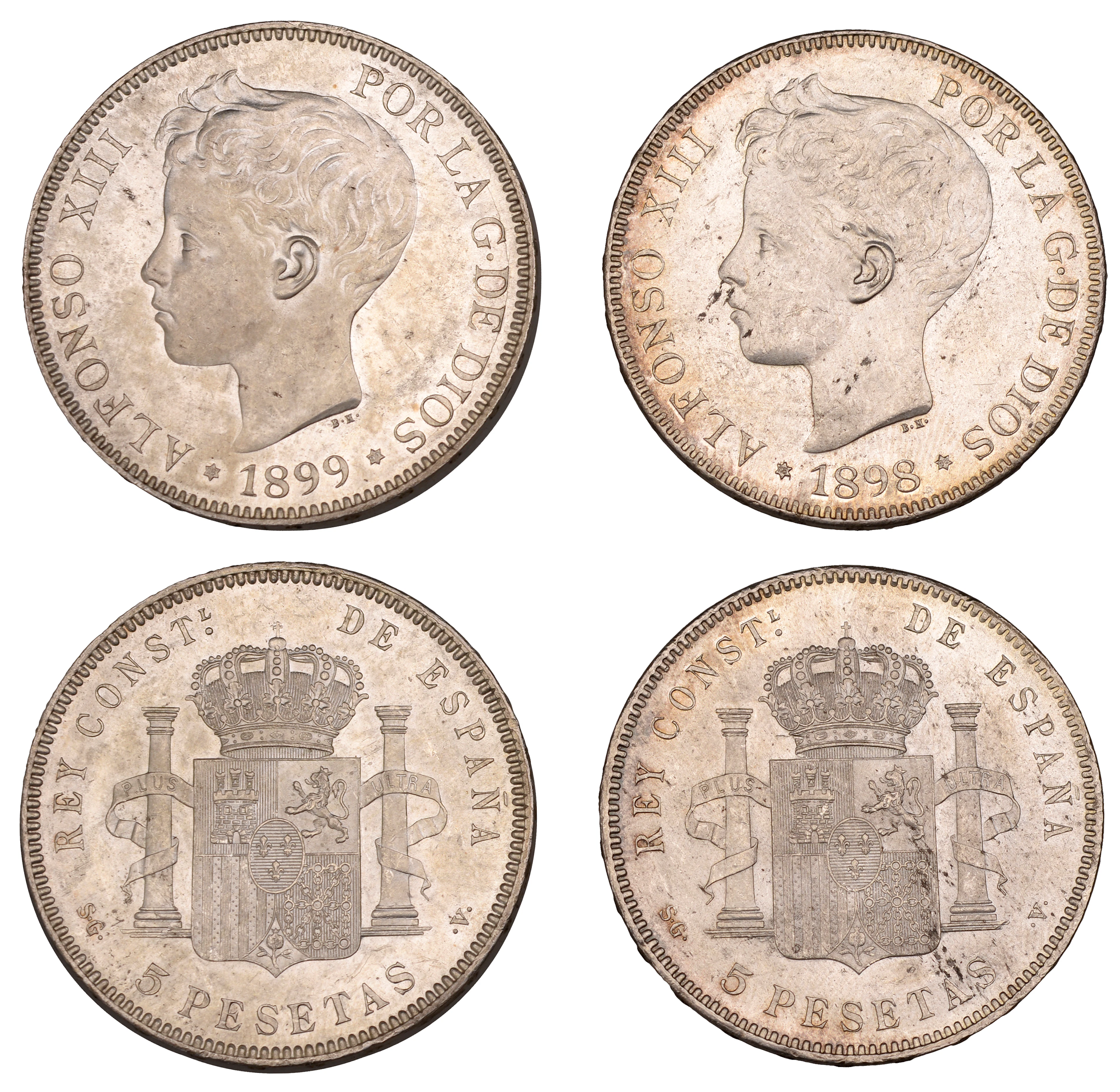 Spain, Alfonso XIII, 5 Pesetas (2), 1898, 1899, Madrid (KM 707) [2].