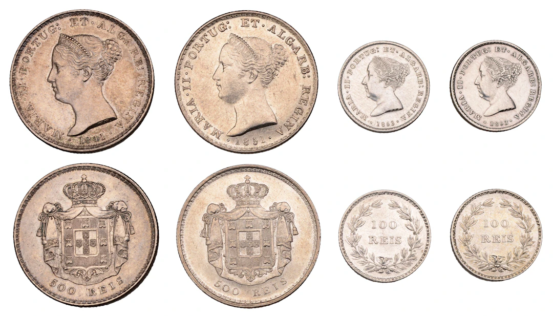 Portugal, Maria II, 500 Reis (2), 1841, 1851, 100 Reis (2), both 1853