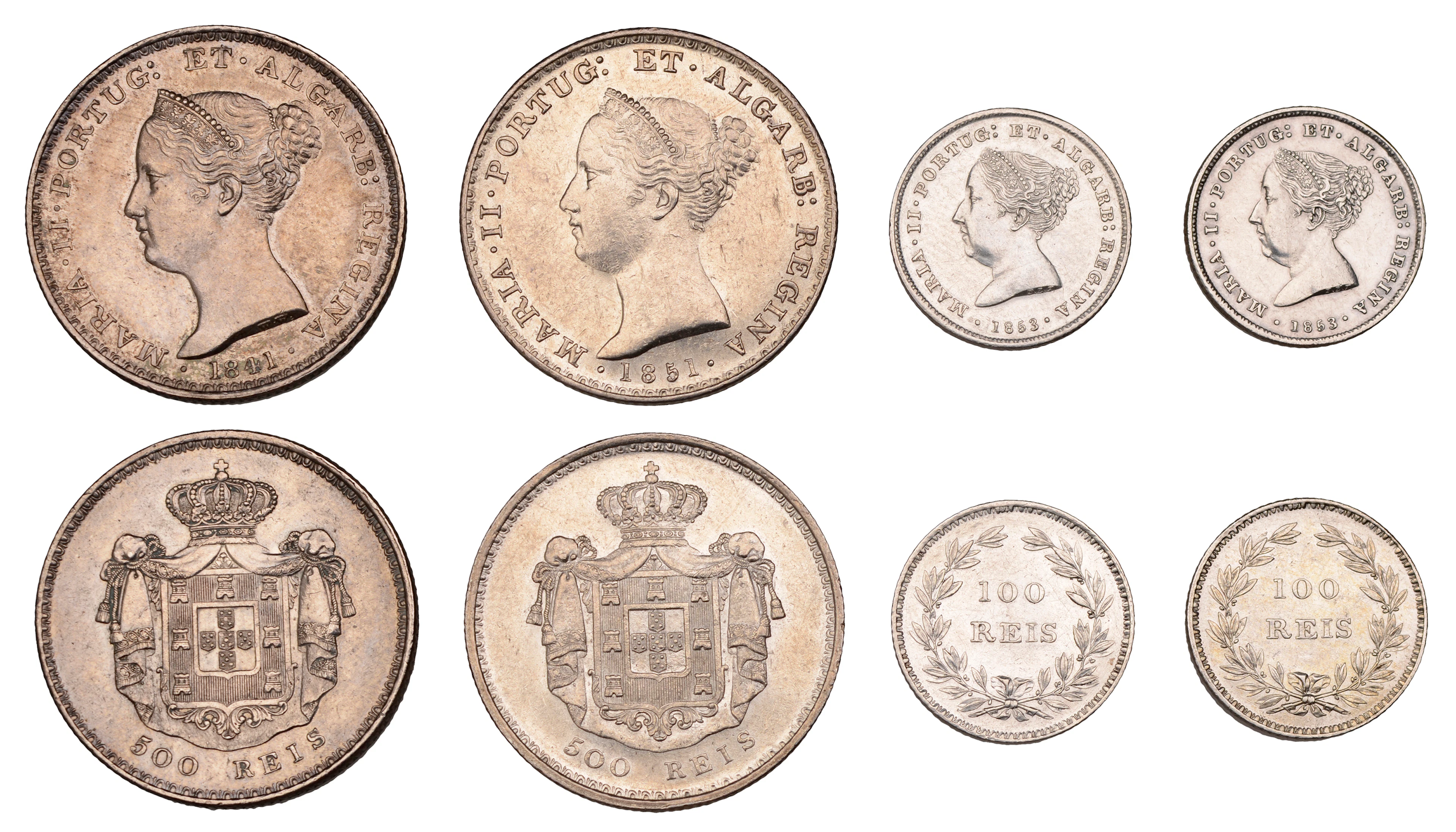 Portugal, Maria II, 500 Reis (2), 1841, 1851, 100 Reis (2), both 1853