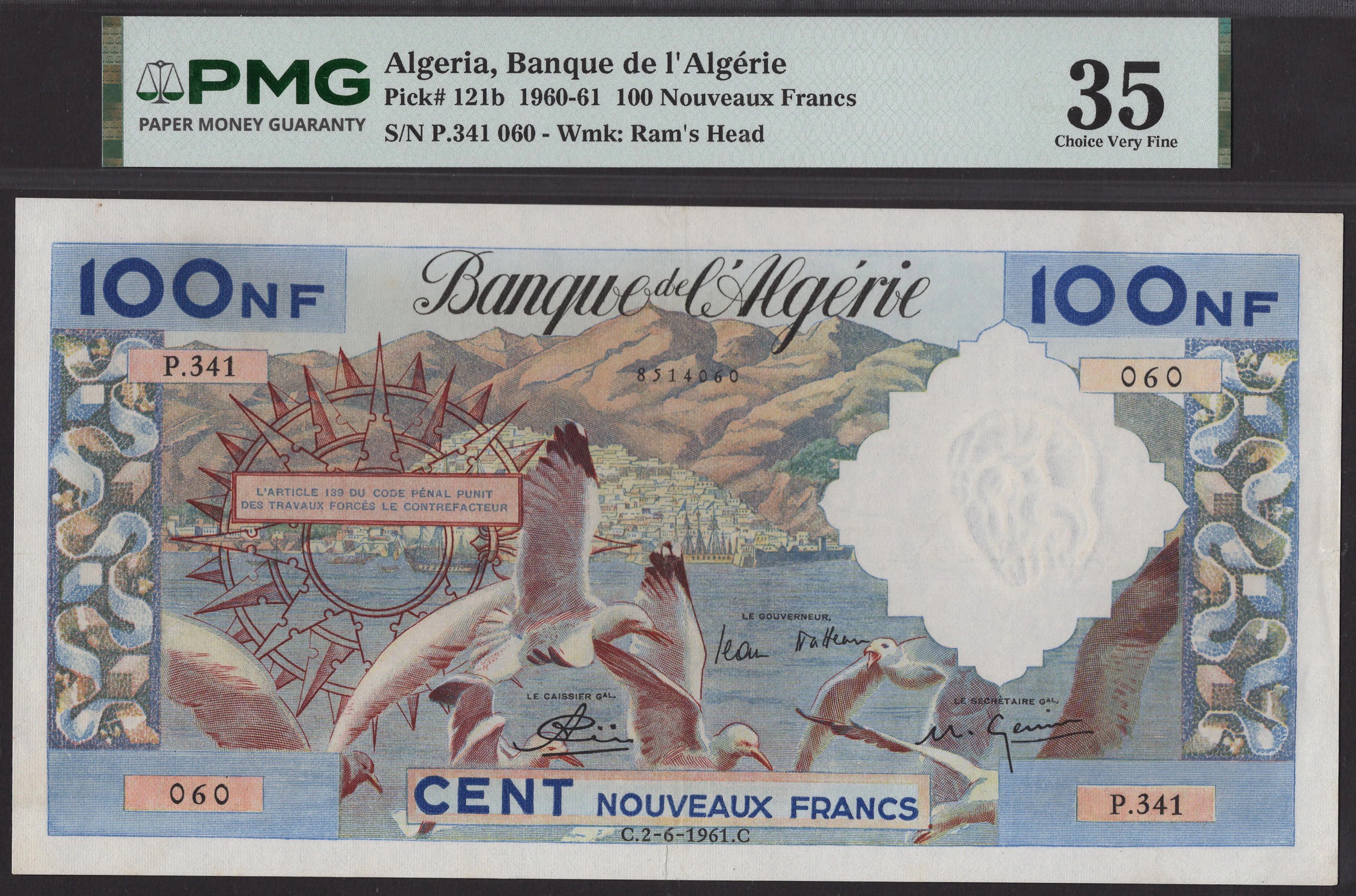 Banque de l’Algerie, 100 Nouveaux Francs, 2 June 1961, serial number