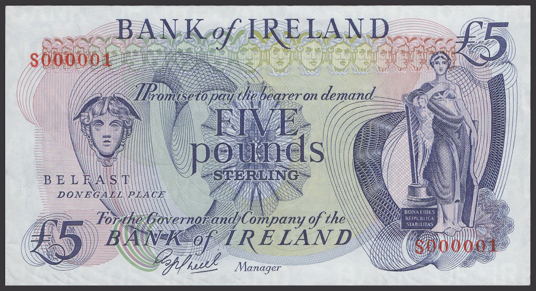 Bank of Ireland, £5, 1983, serial number S000001, O’Neill signature