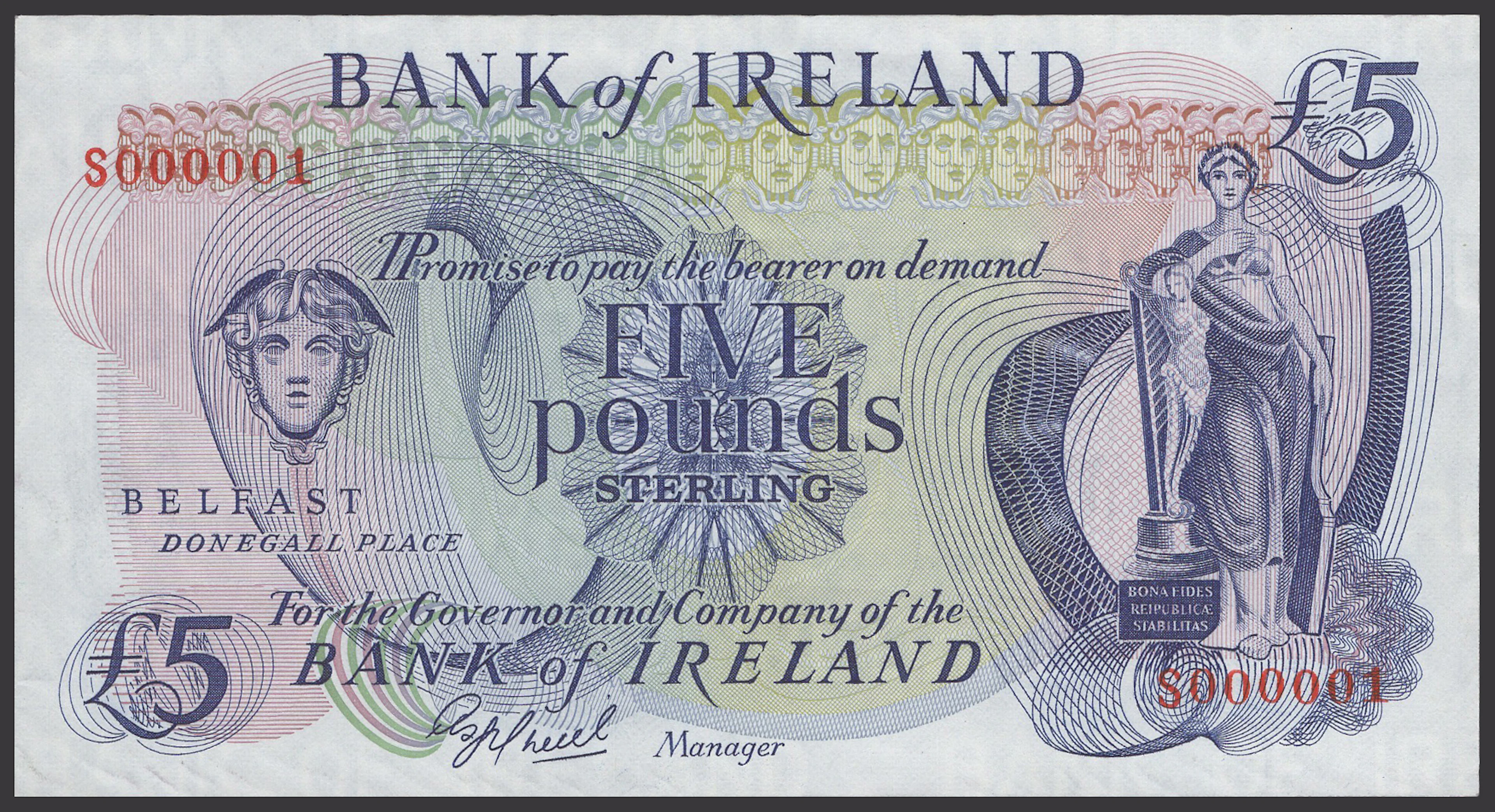 Bank of Ireland, £5, 1983, serial number S000001, O’Neill signature