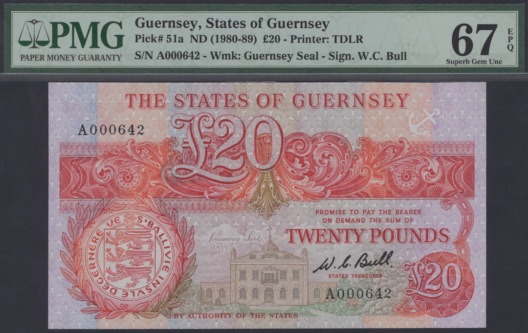 States of Guernsey, £20, ND (1980-89), serial number A000642, Bull
