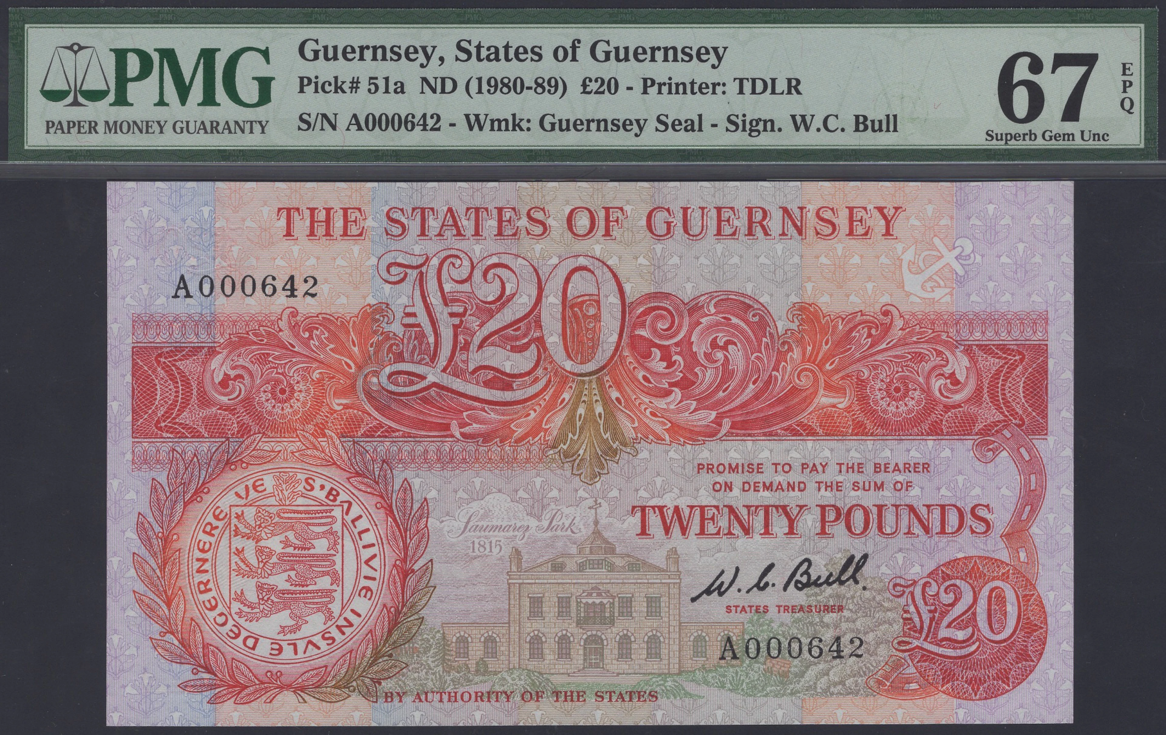 States of Guernsey, £20, ND (1980-89), serial number A000642, Bull