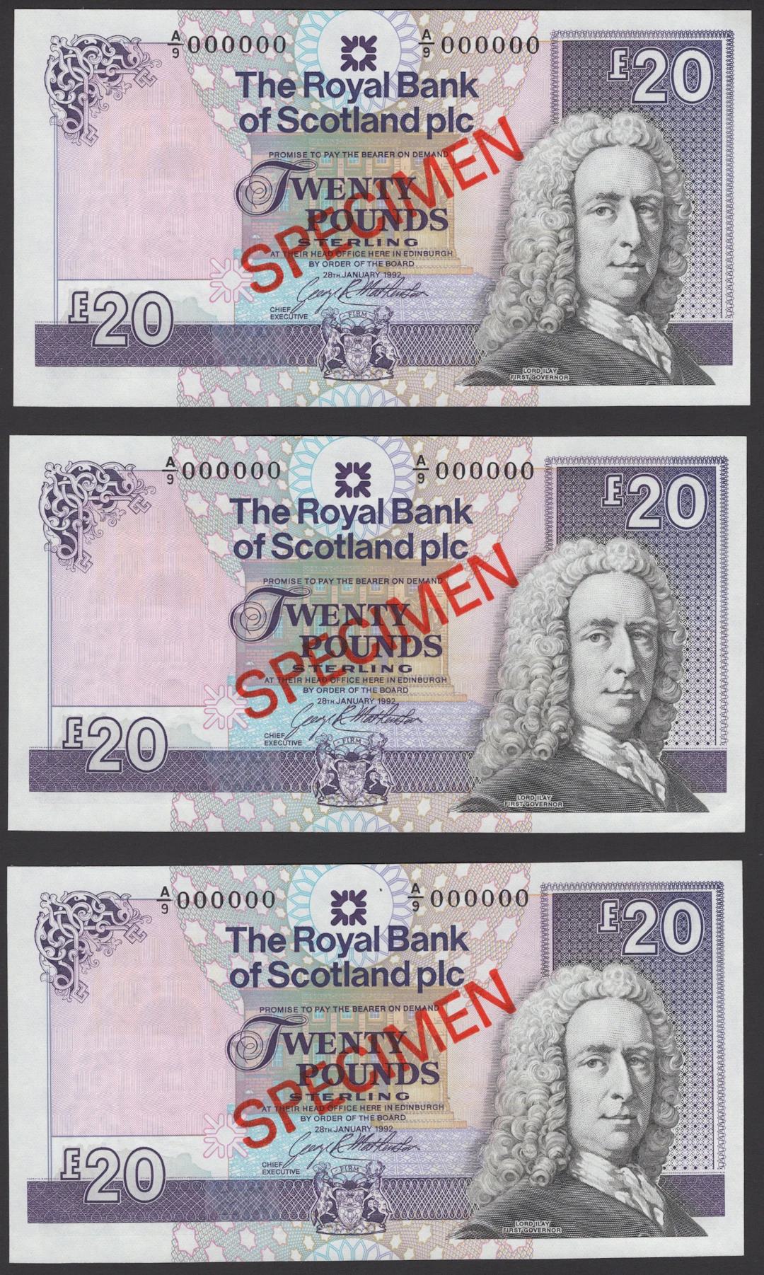 Royal Bank of Scotland PLC, specimen £20 (5), 28 January 1992, serial