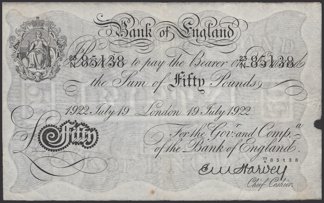 Bank of England, Ernest M. Harvey, £50, London, 19 July 1922, serial