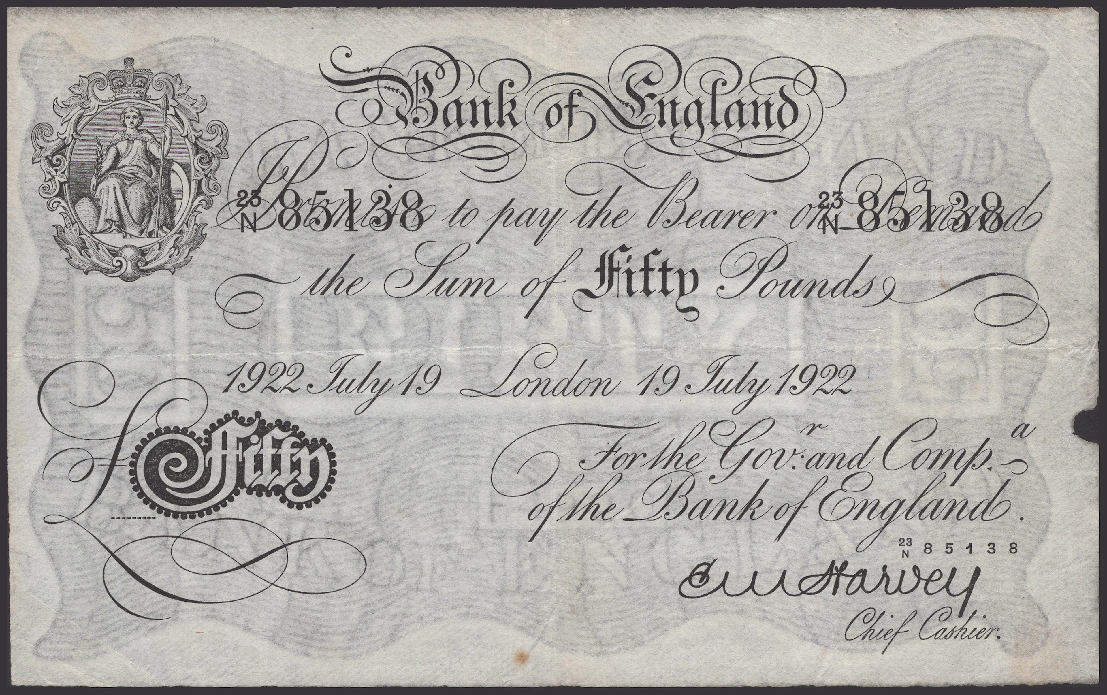 Bank of England, Ernest M. Harvey, £50, London, 19 July 1922, serial
