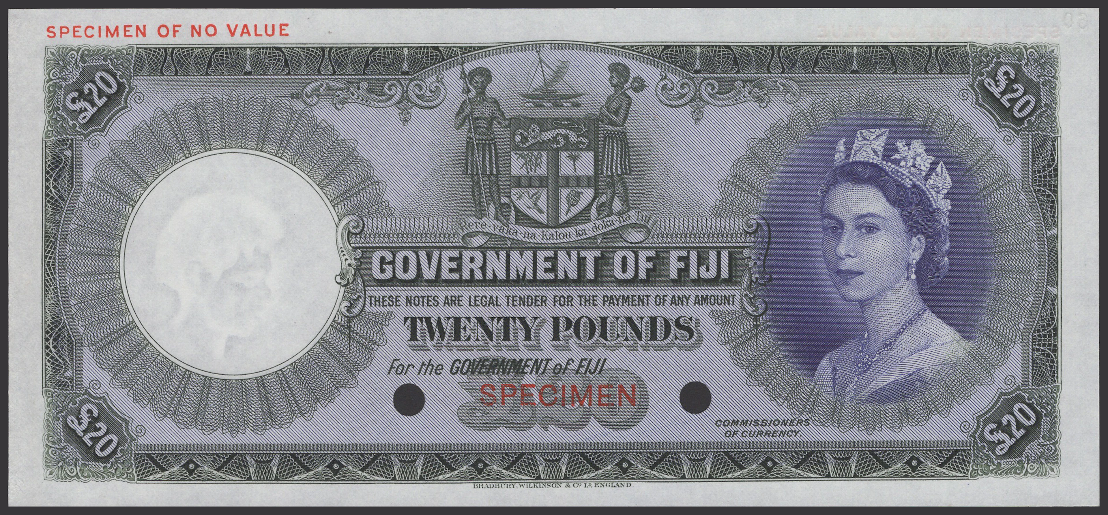 Government of Fiji, colour trial £20, ND (1953), no serial numbers