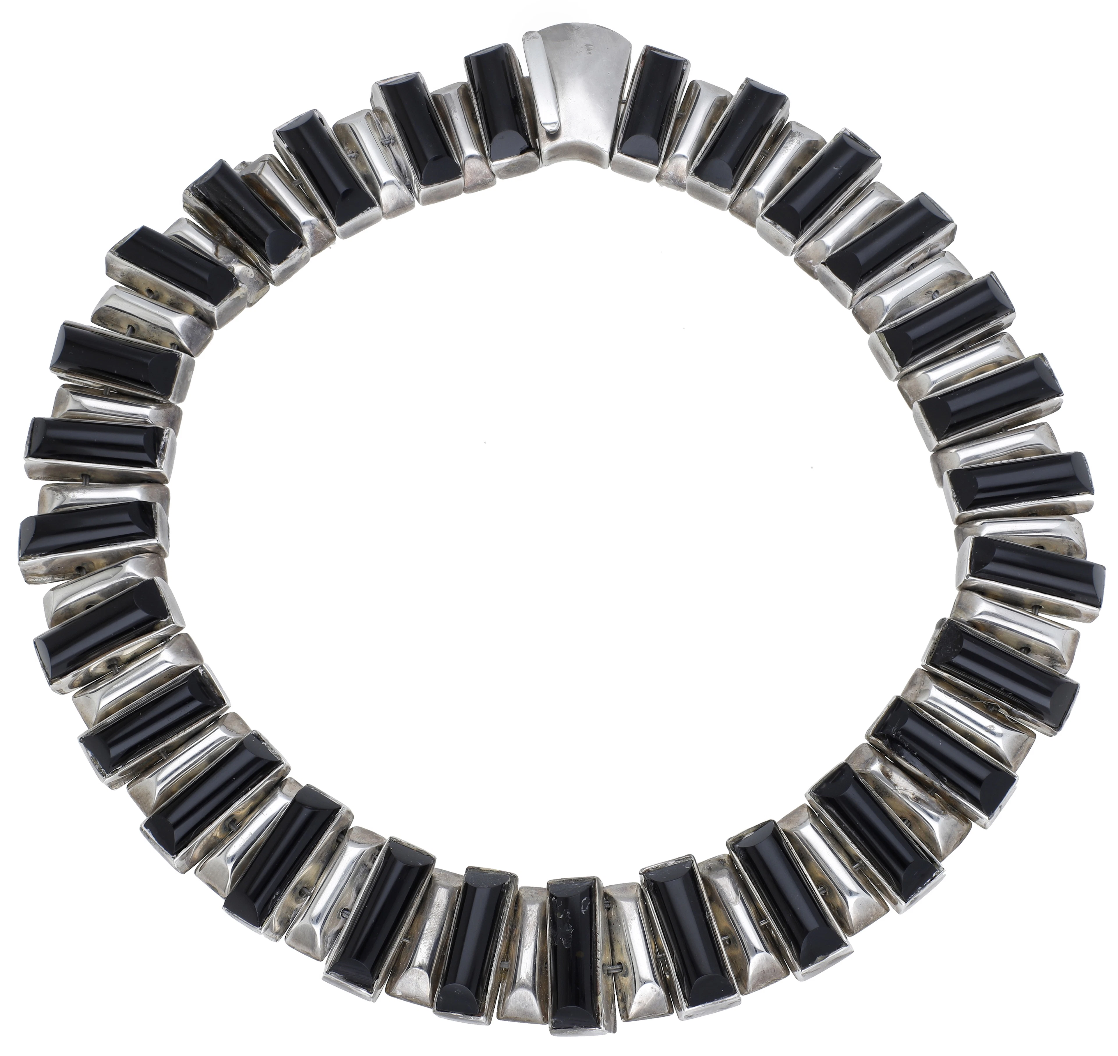 A silver and onyx collar necklace, composed of articulated convex