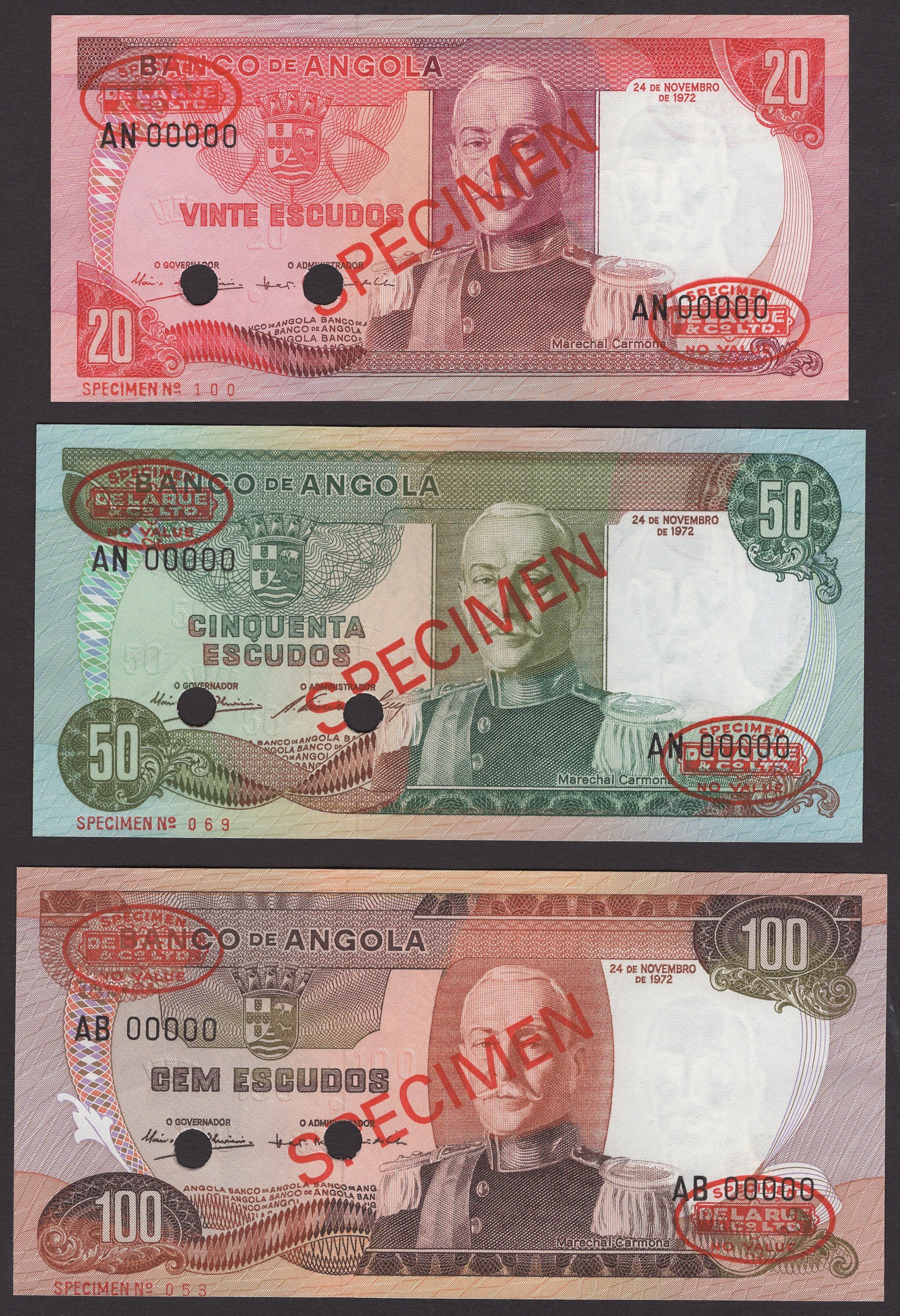 Banco de Angola, specimen 20, 50, 100, 500, and 1000 Escudos, 24 November