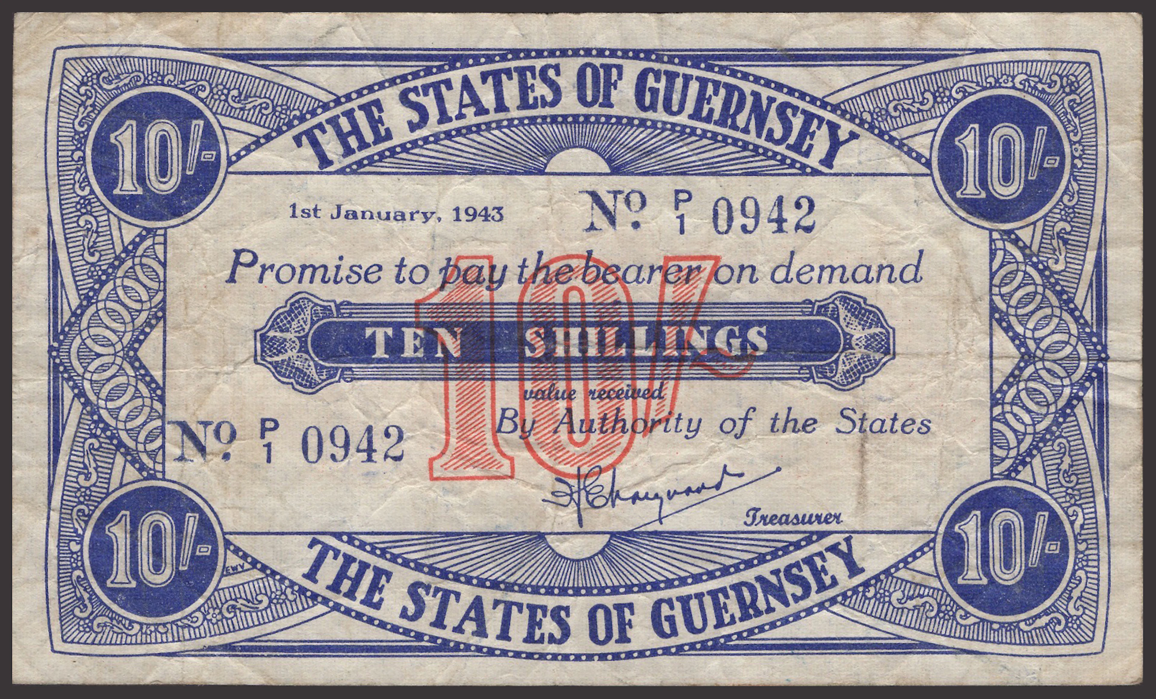 States of Guernsey, 10 Shillings, 1 January 1943, serial number P/1