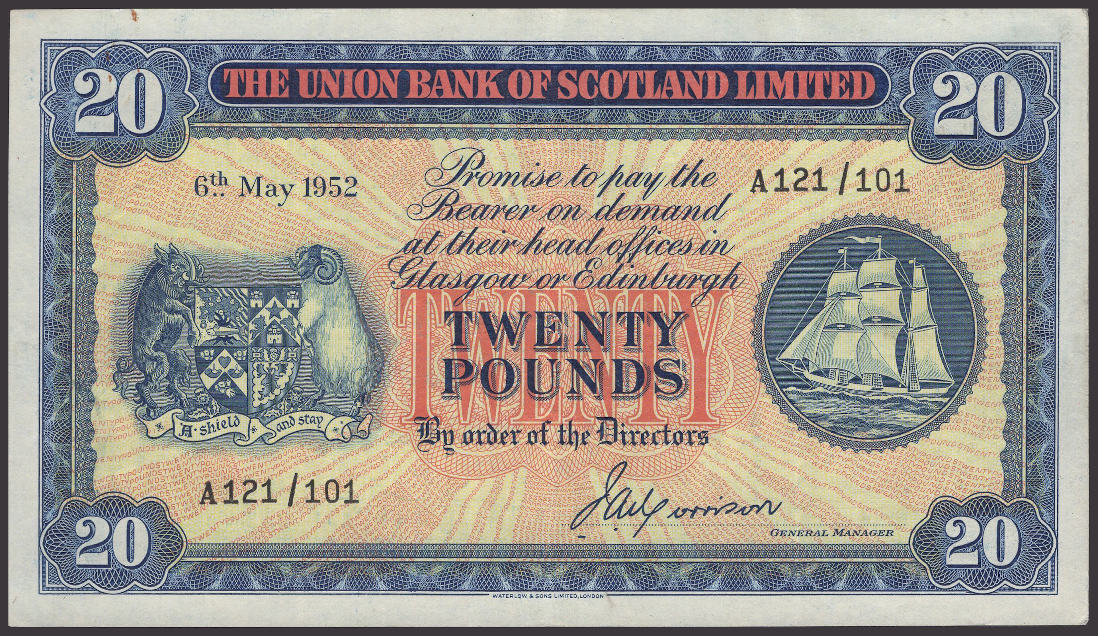 Union Bank of Scotland, £20, 6 May 1952 serial number A 121/101, Morrison