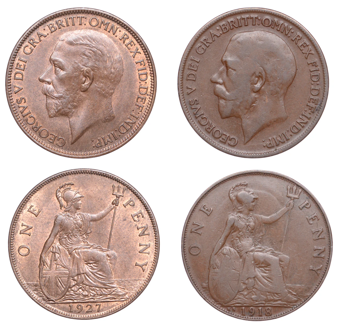 George V, Penny, 1918kn, 1927 (F 184, 197; S 4053, 4053A) [2]. Fine