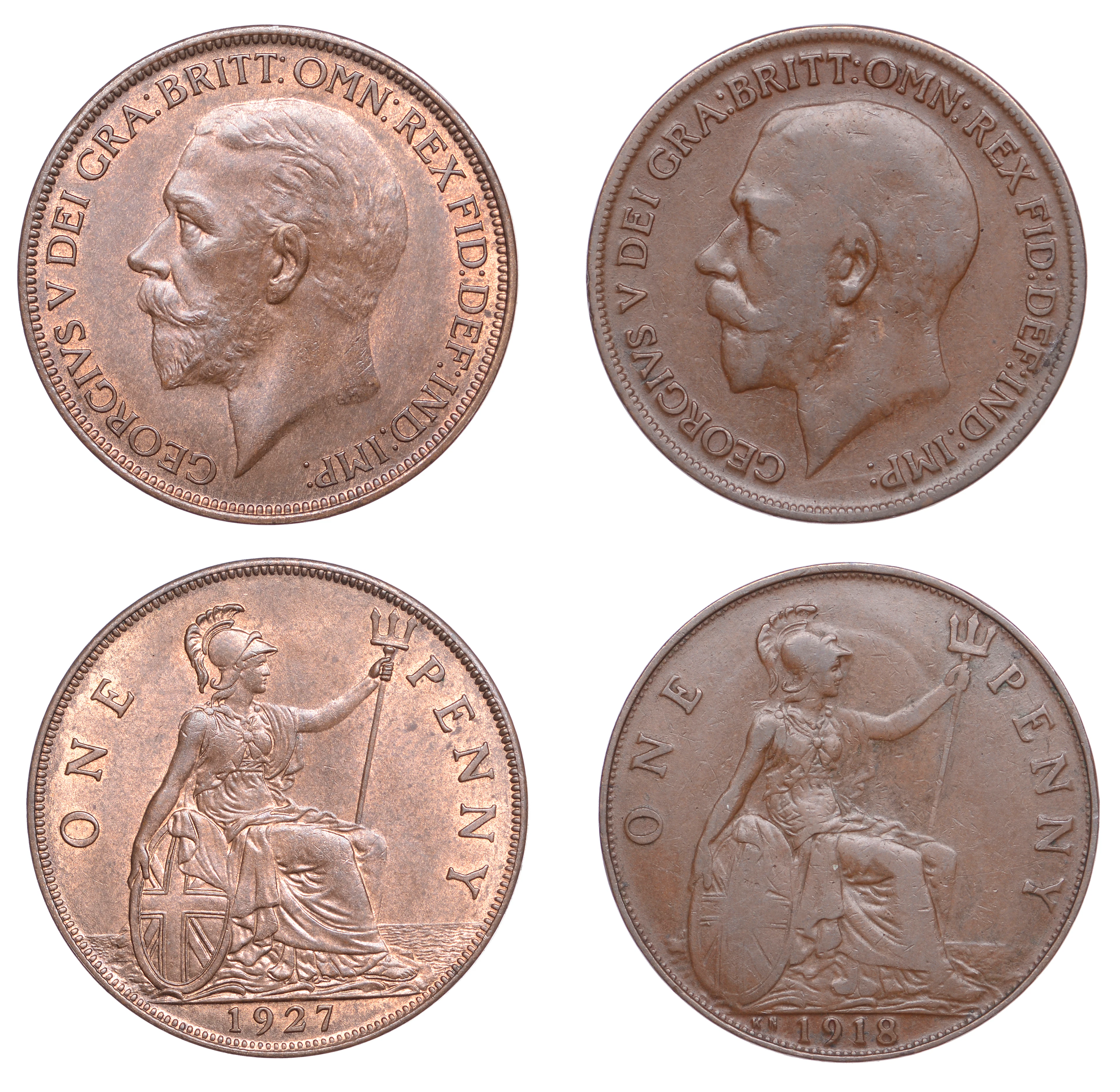 George V, Penny, 1918kn, 1927 (F 184, 197; S 4053, 4053A) [2]. Fine
