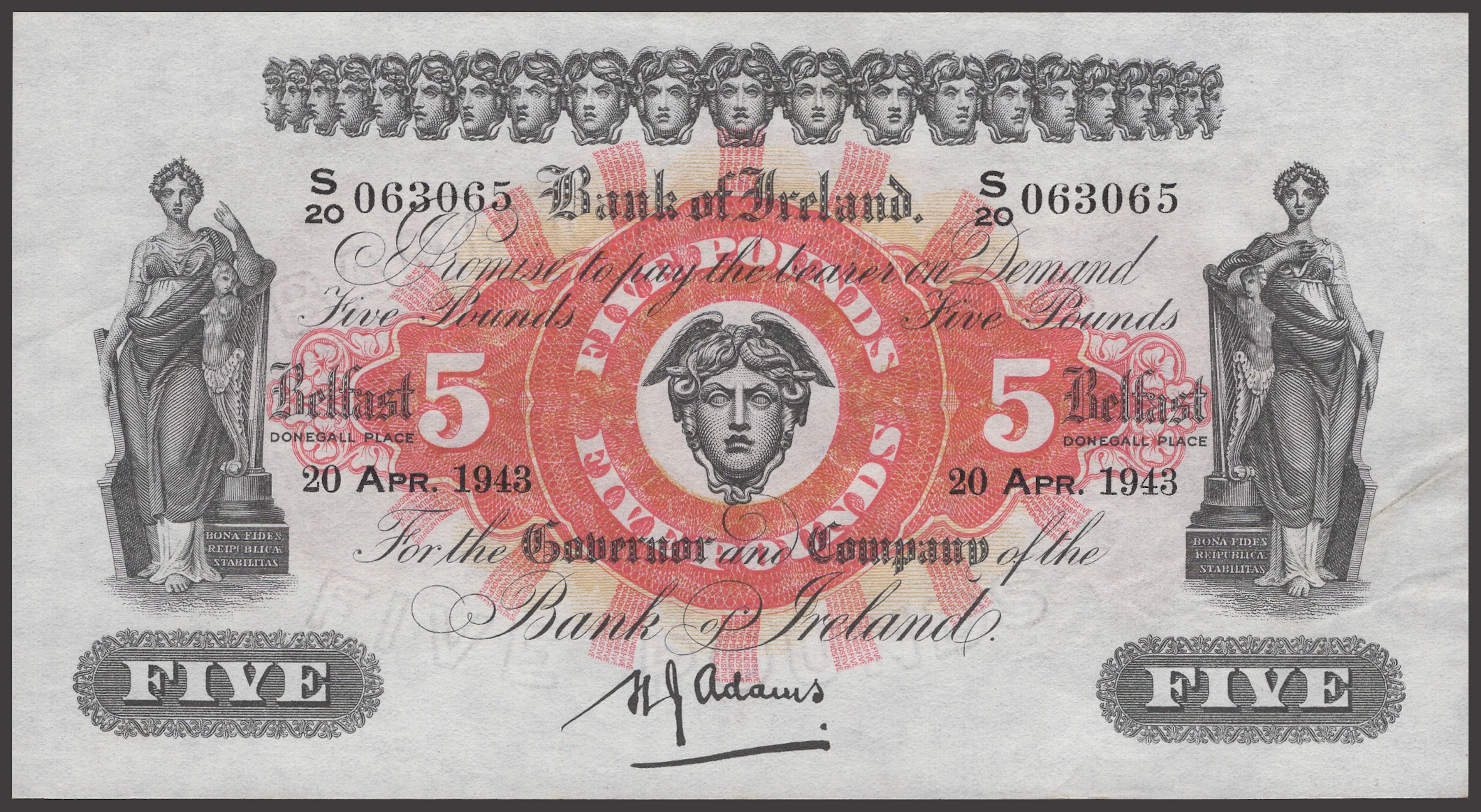 Bank of Ireland, £5, 20 April 1943, serial number S/20 063065, Adams