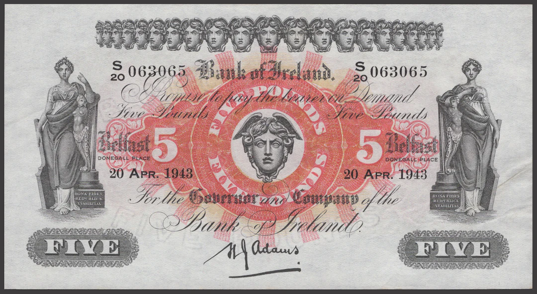 Bank of Ireland, £5, 20 April 1943, serial number S/20 063065, Adams