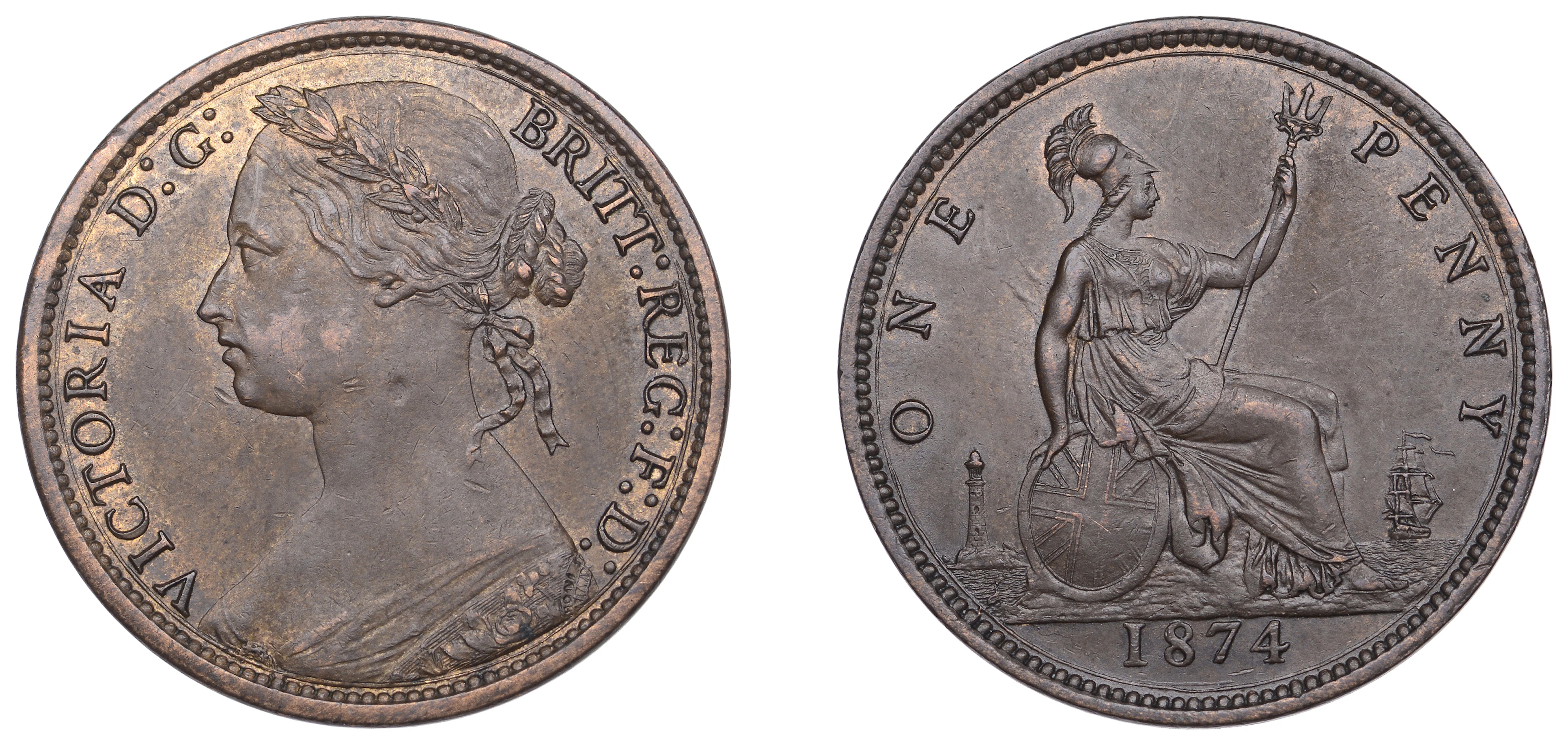 Victoria (1837-1901), Penny, 1874, dies K+G, sea within circle (BMC