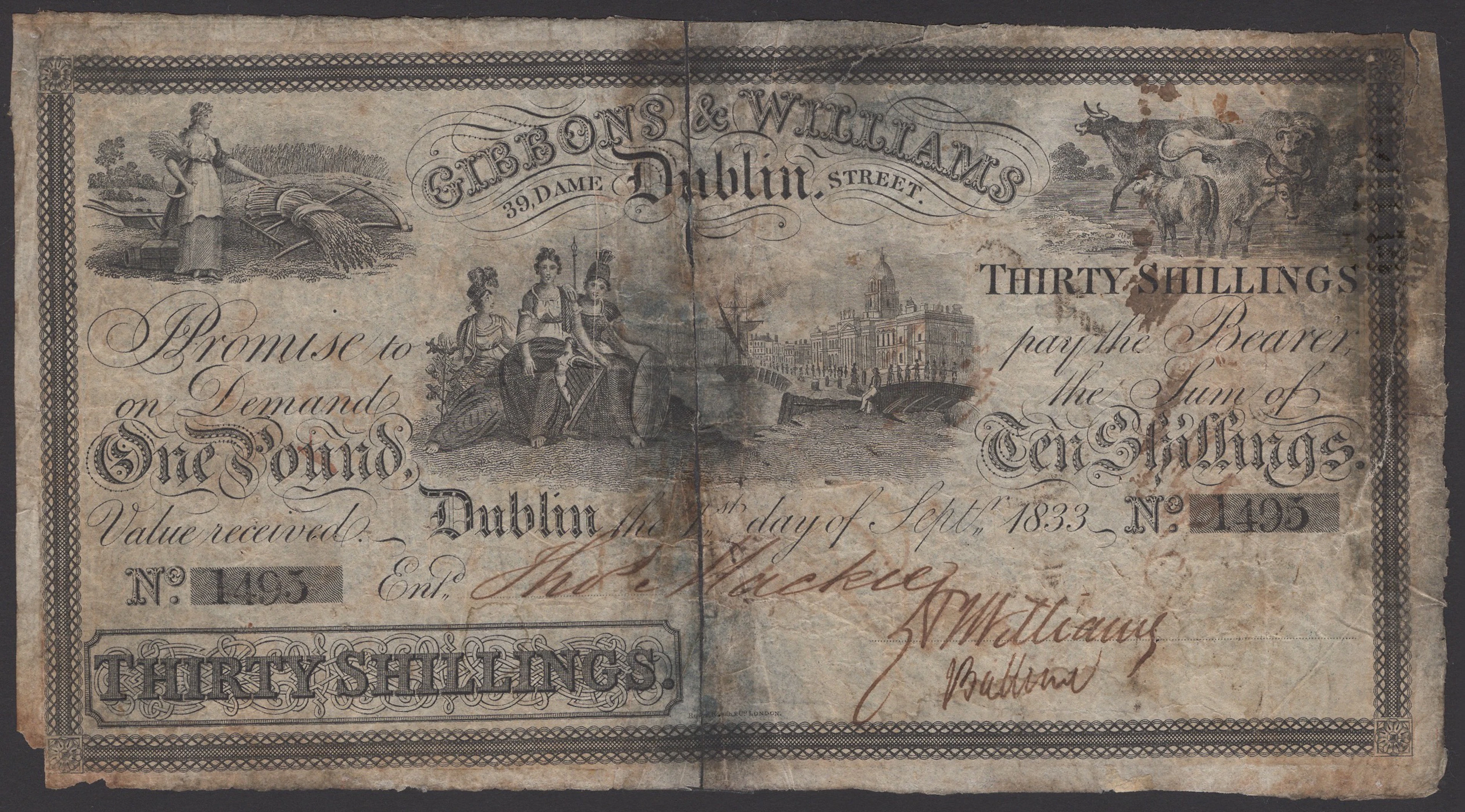 Gibbons & Williams, Dublin, 30 Shillings, 1 September 1833, serial